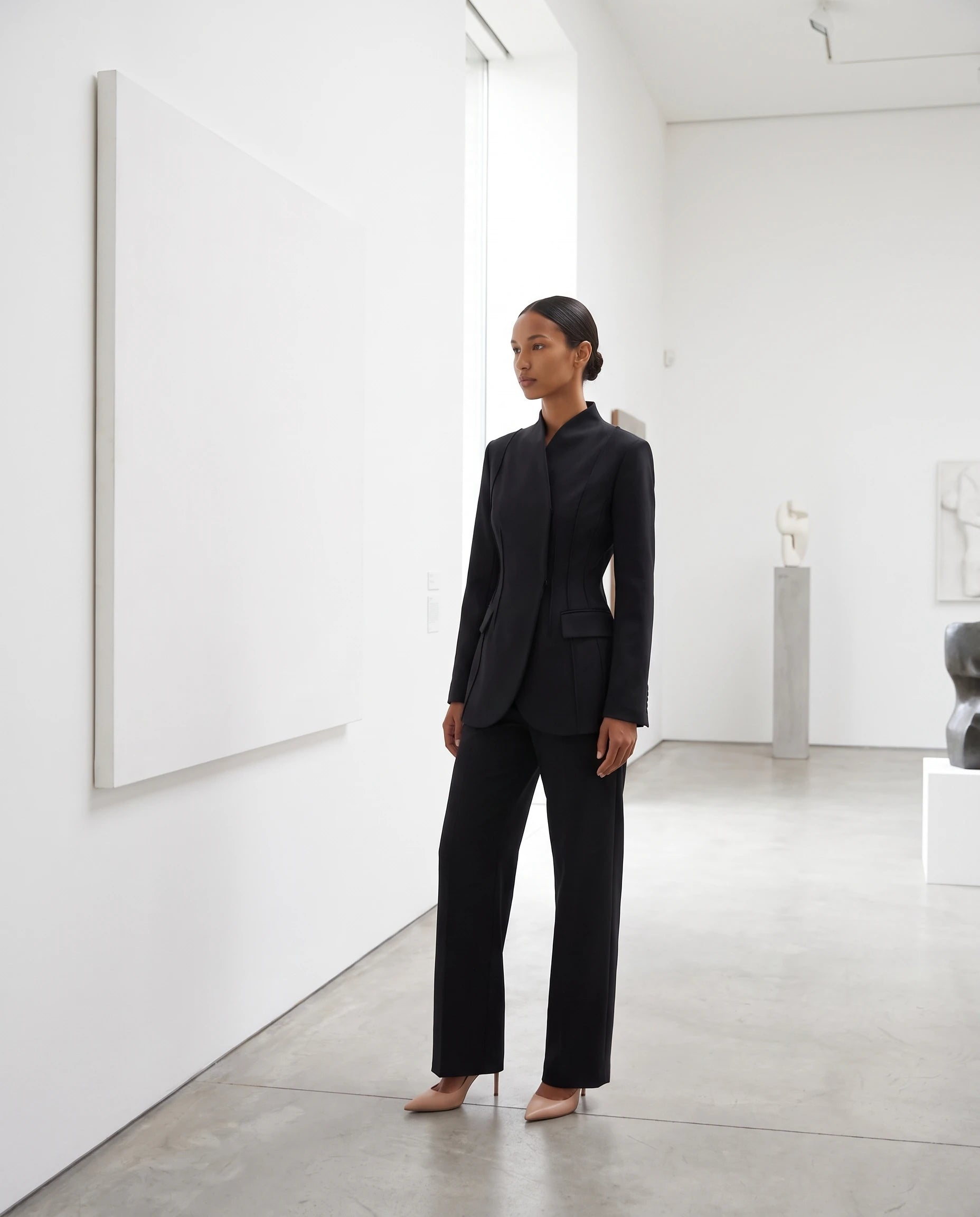 Ensemble tailleur cintre Gwendoline noir portee dans une galerie d art