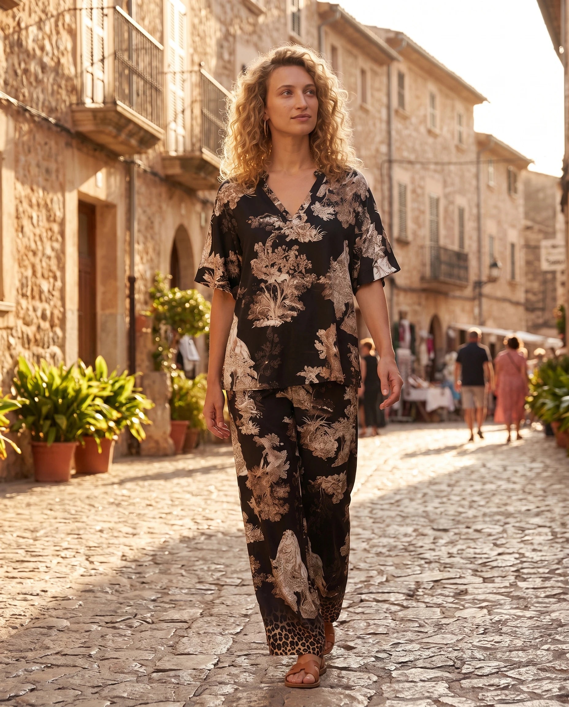 Ensemble top col V et pantalon imprimé Sylvaine — Noir — portée, lifestyle 2