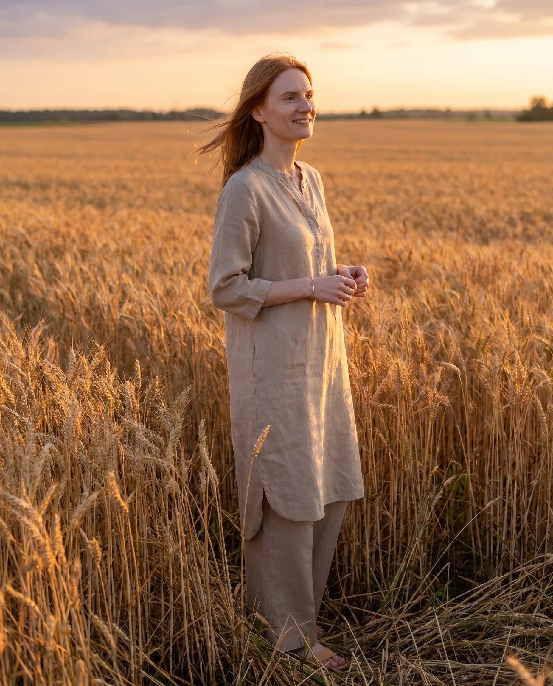 Ensemble tunique col mandarin et pantalon large Guillemette — Abricot — portée, lifestyle 2