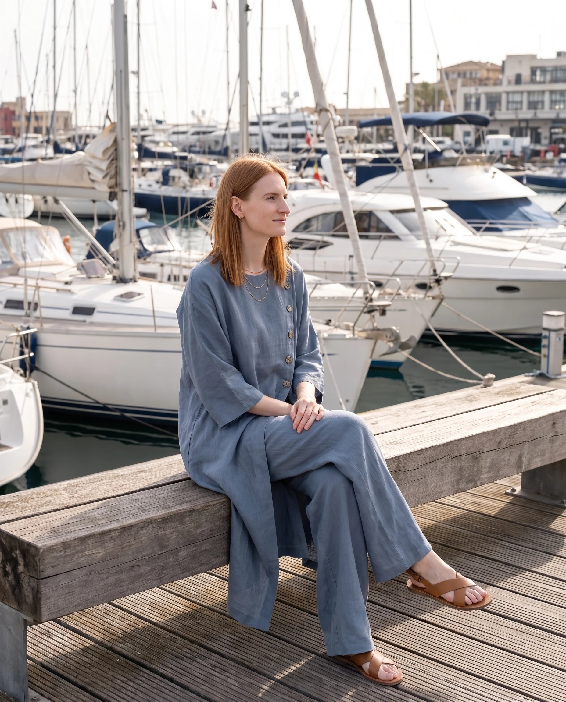 Ensemble tunique longue en lin et pantalon large Bleu assise sur un ponton de port - Ombeline | Zolena