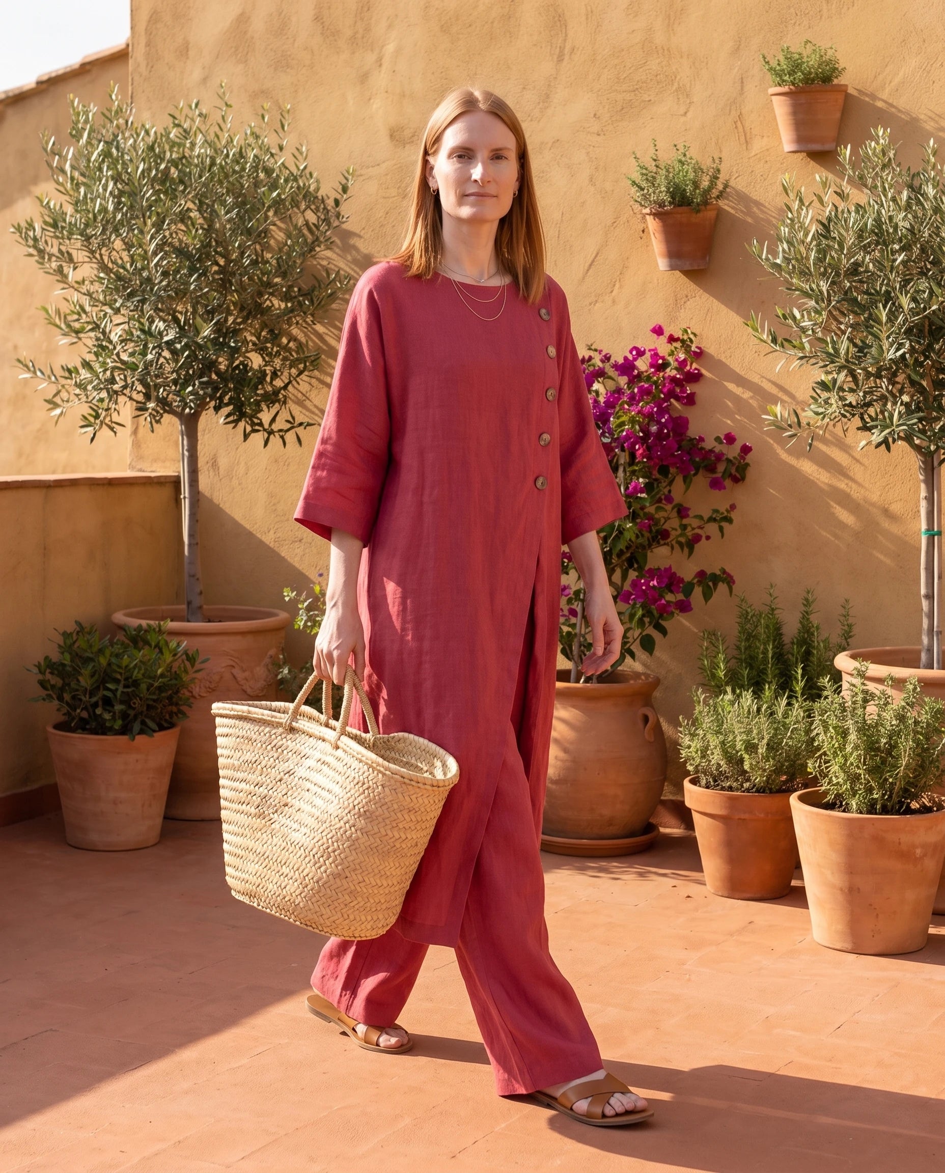 Ensemble tunique longue en lin et pantalon large Rouge Framboise sur une terrasse au mur ocre - Ombeline | Zolena