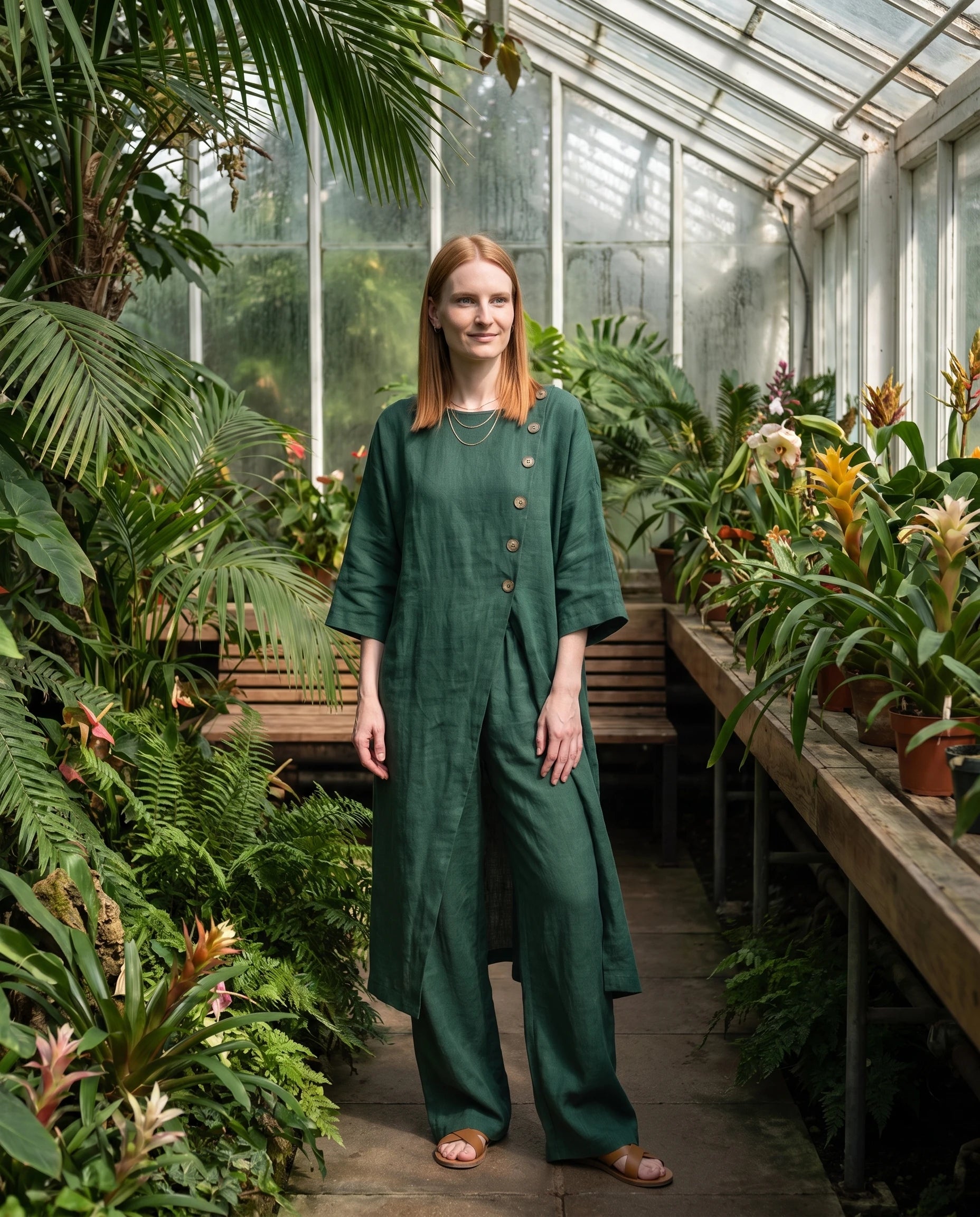 Ensemble tunique longue en lin et pantalon large Vert dans une serre botanique - Ombeline | Zolena