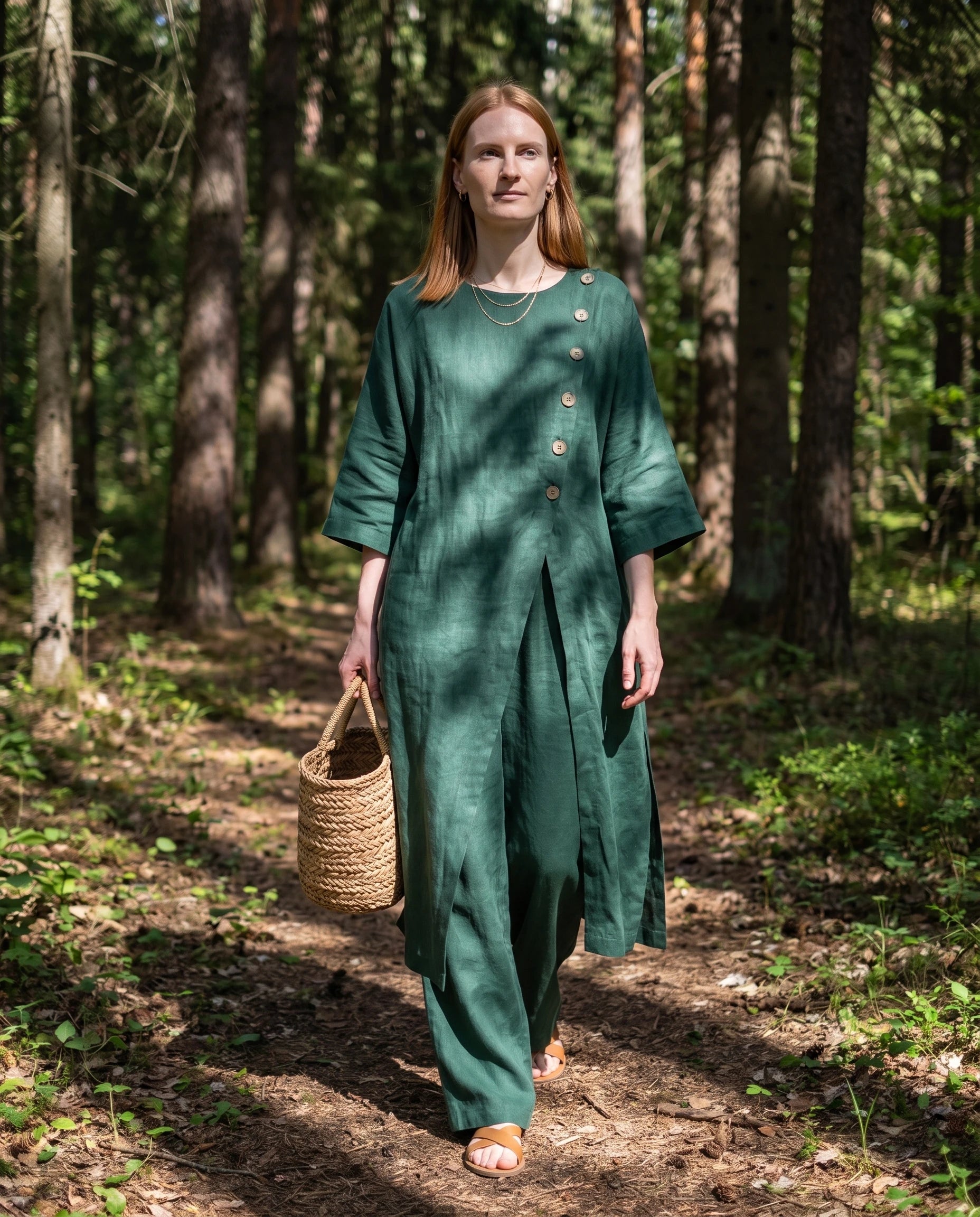 Ensemble tunique longue en lin et pantalon large Vert sur un sentier forestier ombragé - Ombeline | Zolena