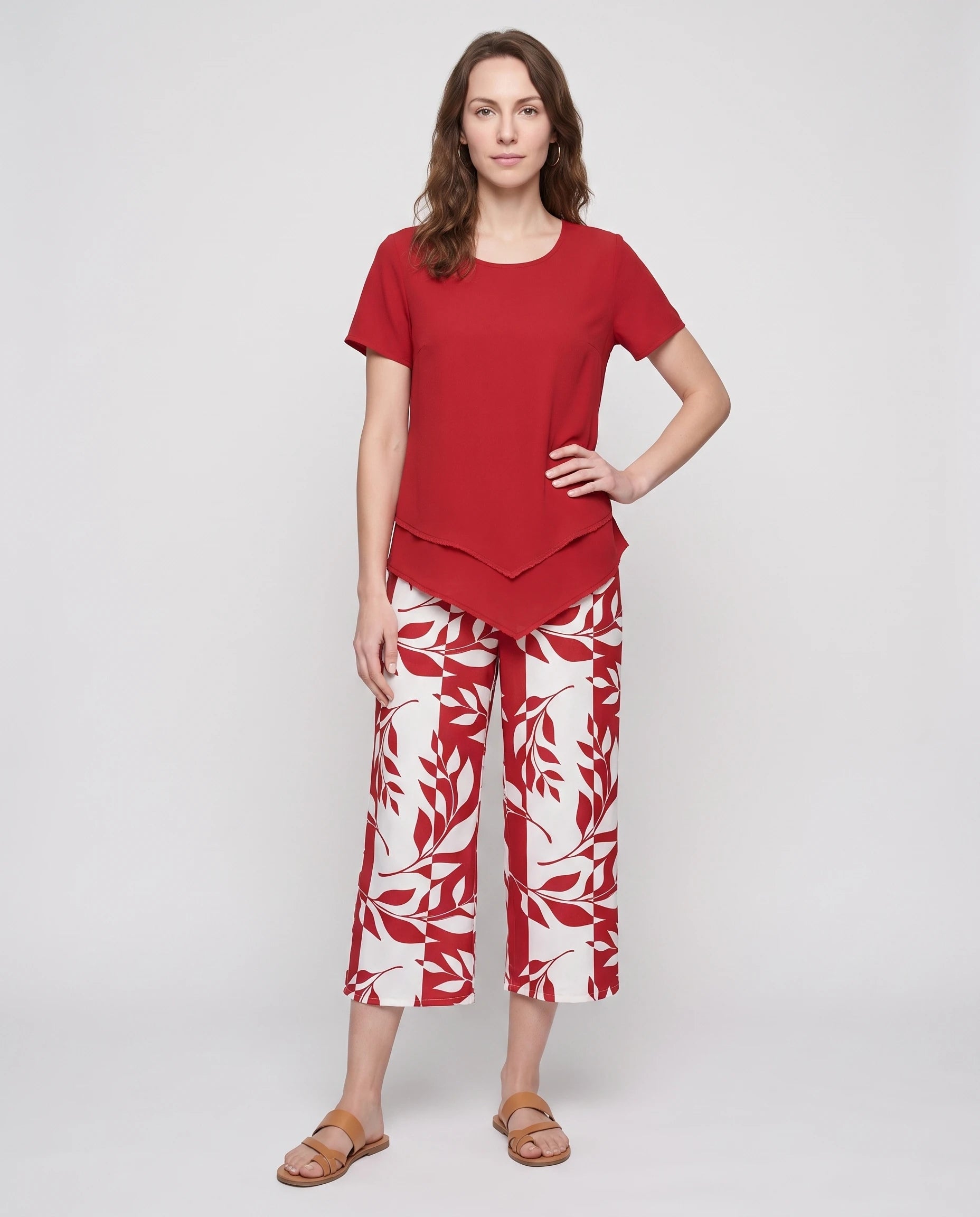 Ensemble tunique superposée et pantalon imprimé Quitterie — Rouge — vue face studio