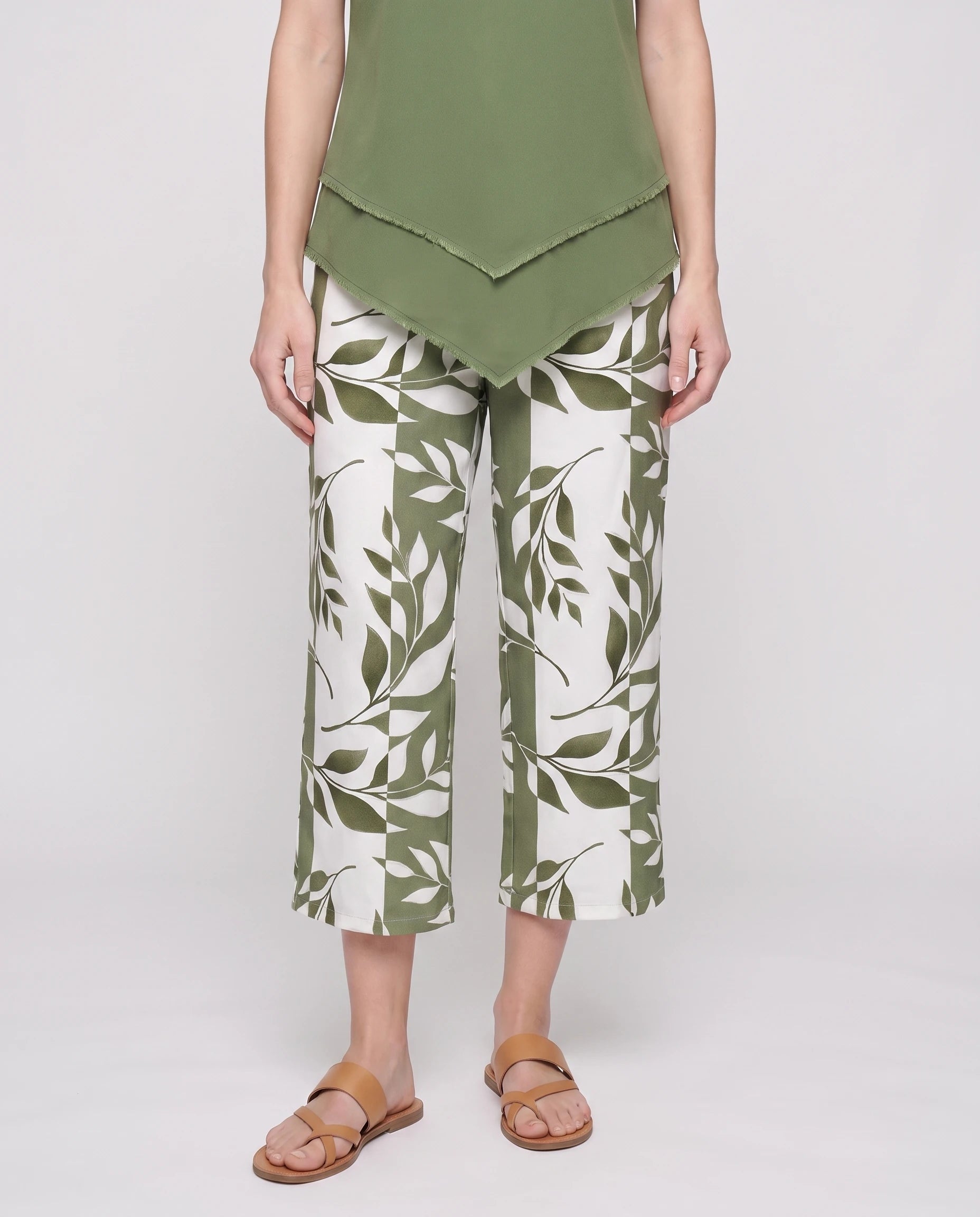 Ensemble tunique superposée et pantalon imprimé Quitterie — Vert — détail ourlet superposé et imprimé