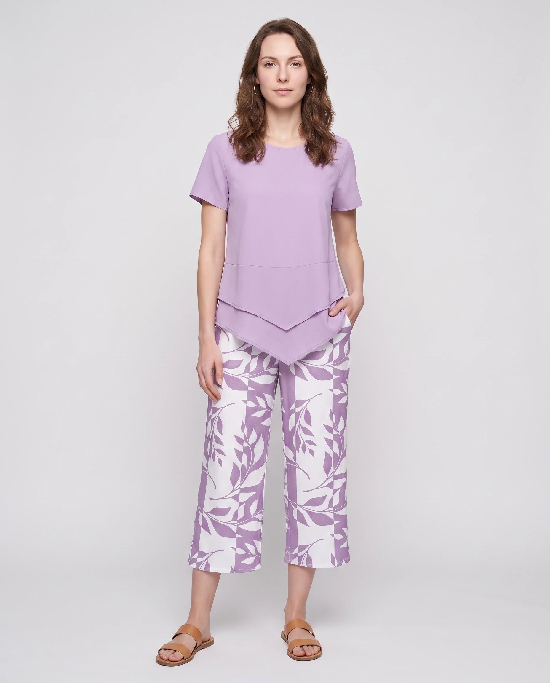 Ensemble tunique superposée et pantalon imprimé Quitterie — Violet — vue face studio