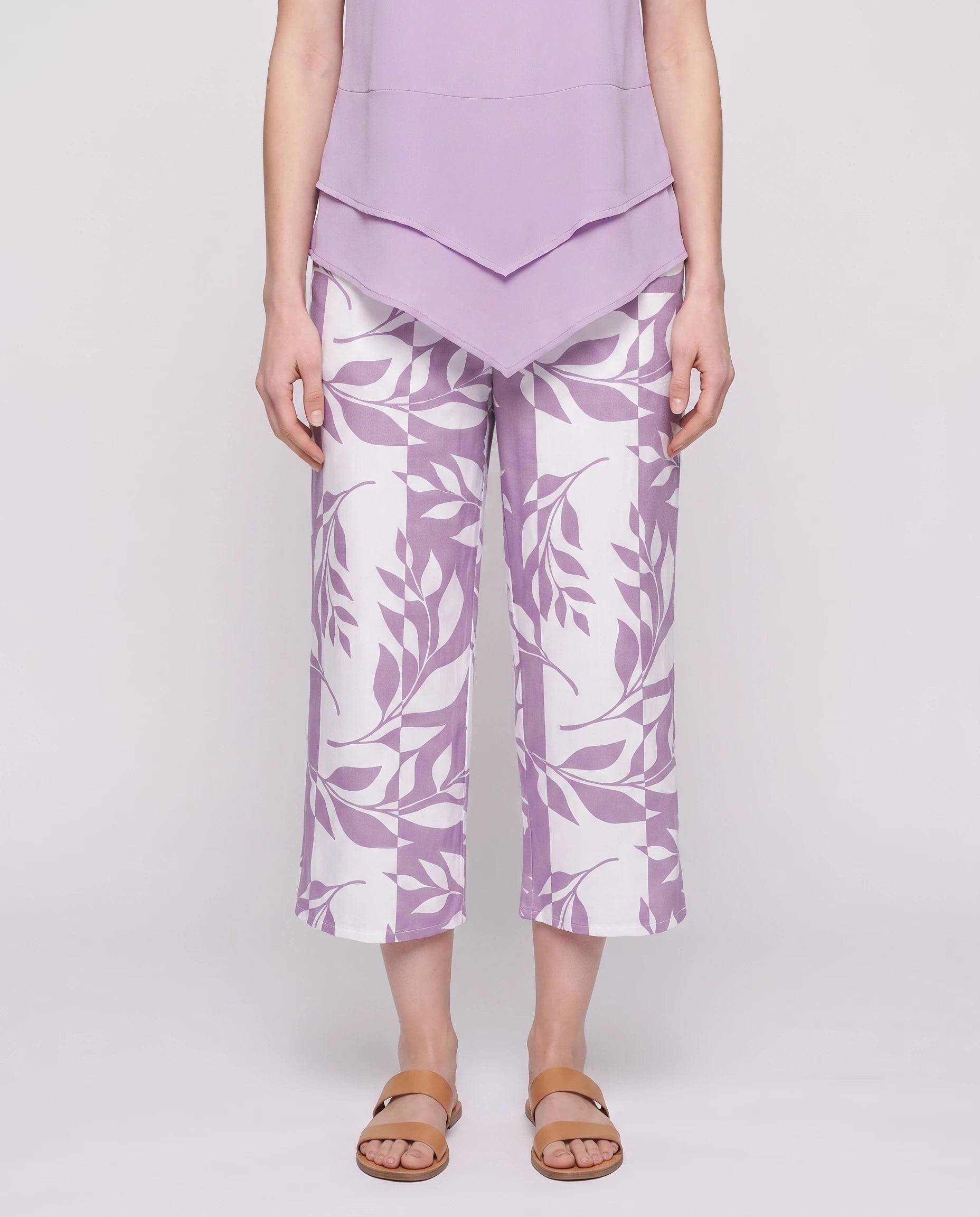 Ensemble tunique superposée et pantalon imprimé Quitterie — Violet — détail ourlet superposé et imprimé