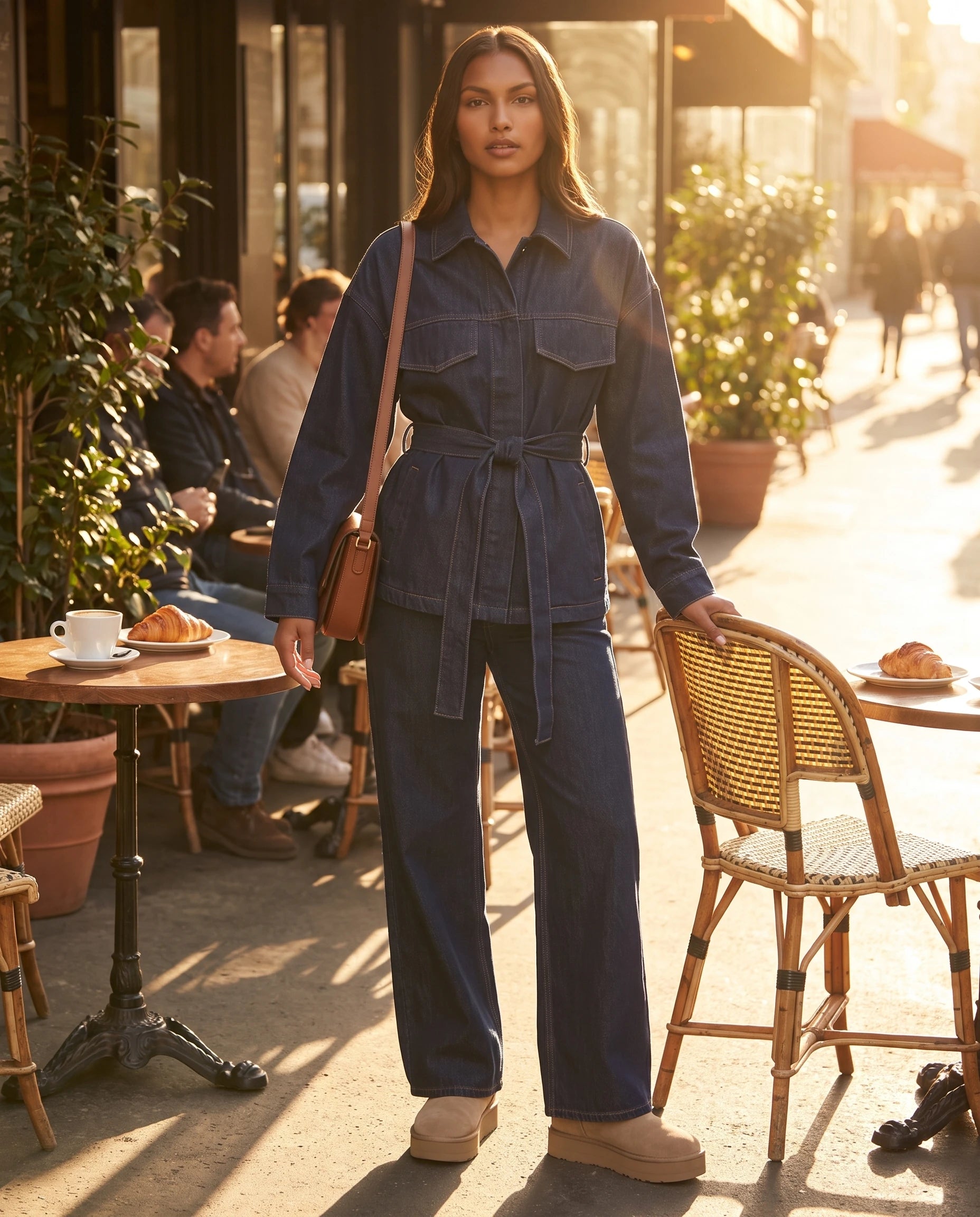 Ensemble veste ceinturee et pantalon large en jean Bleu Denim portee en terrasse de cafe a l heure doree - Fantine | Zolena