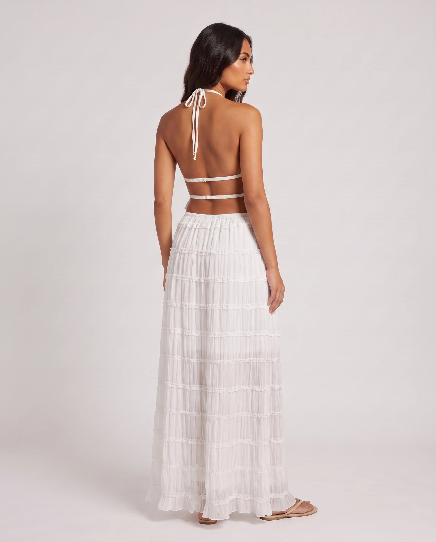 Ensemble top dos nu à volants Blanc — studio dos