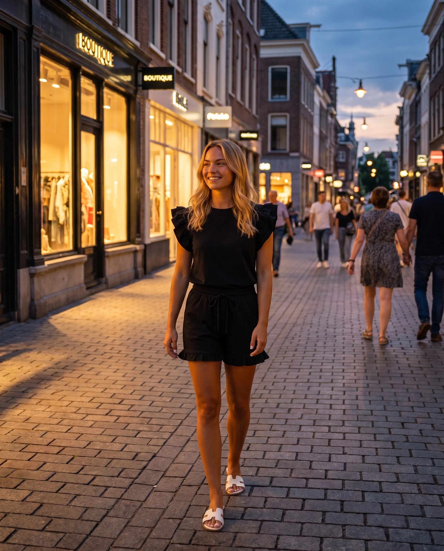 Ensemble top à volants et short Pétronille — Noir — portée, lifestyle