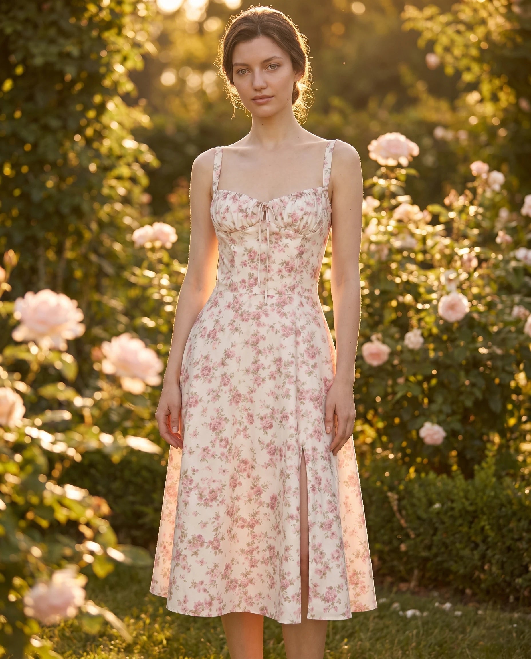 Robe midi fleurie Rosalie coloris Roses anciennes portée dans un jardin — Zolena