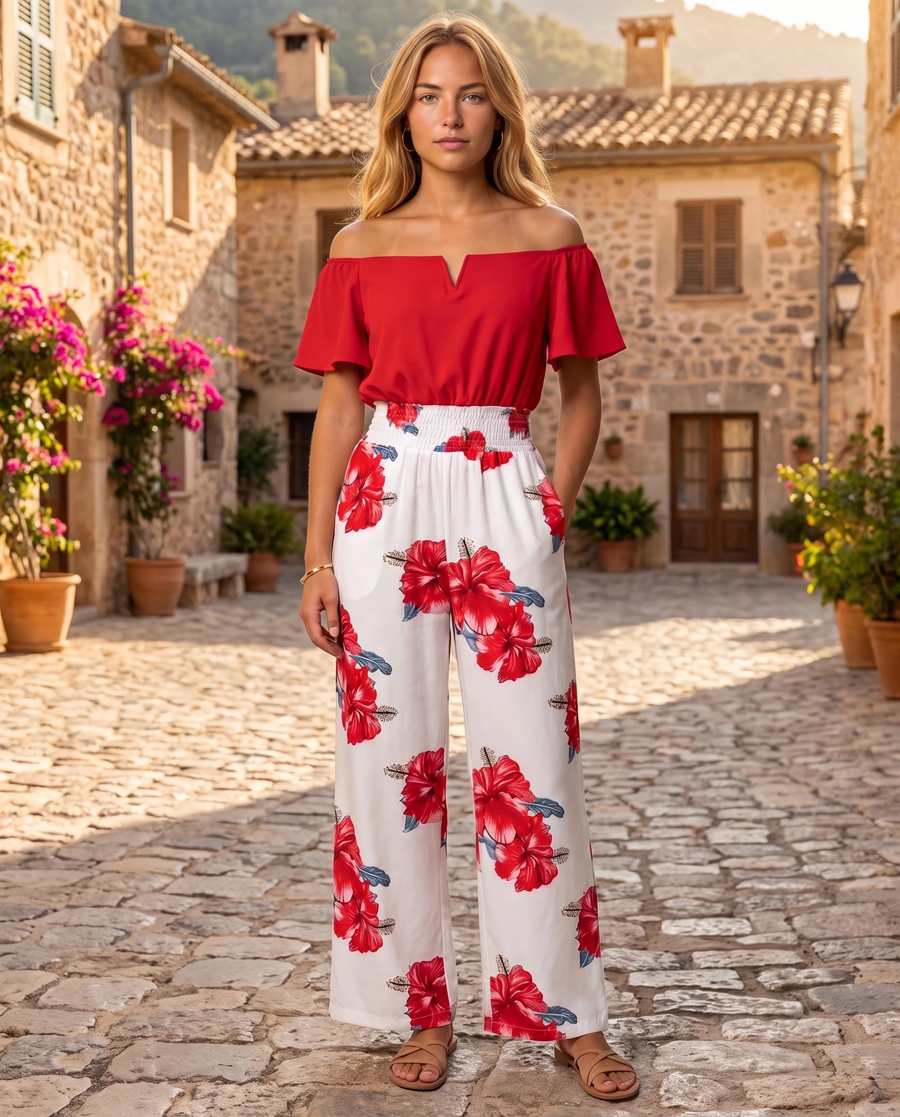 Combinaison bardot Pivoine Rouge fleuri, portee en situation