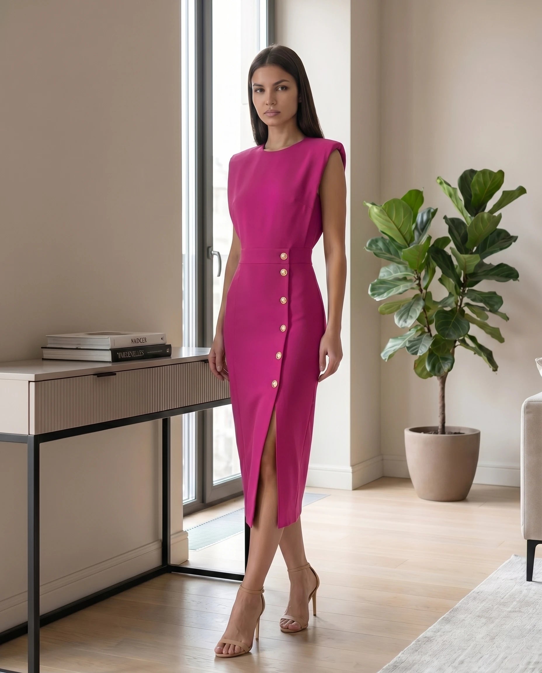 Robe midi moulante fendue Fuchsia Philippine
