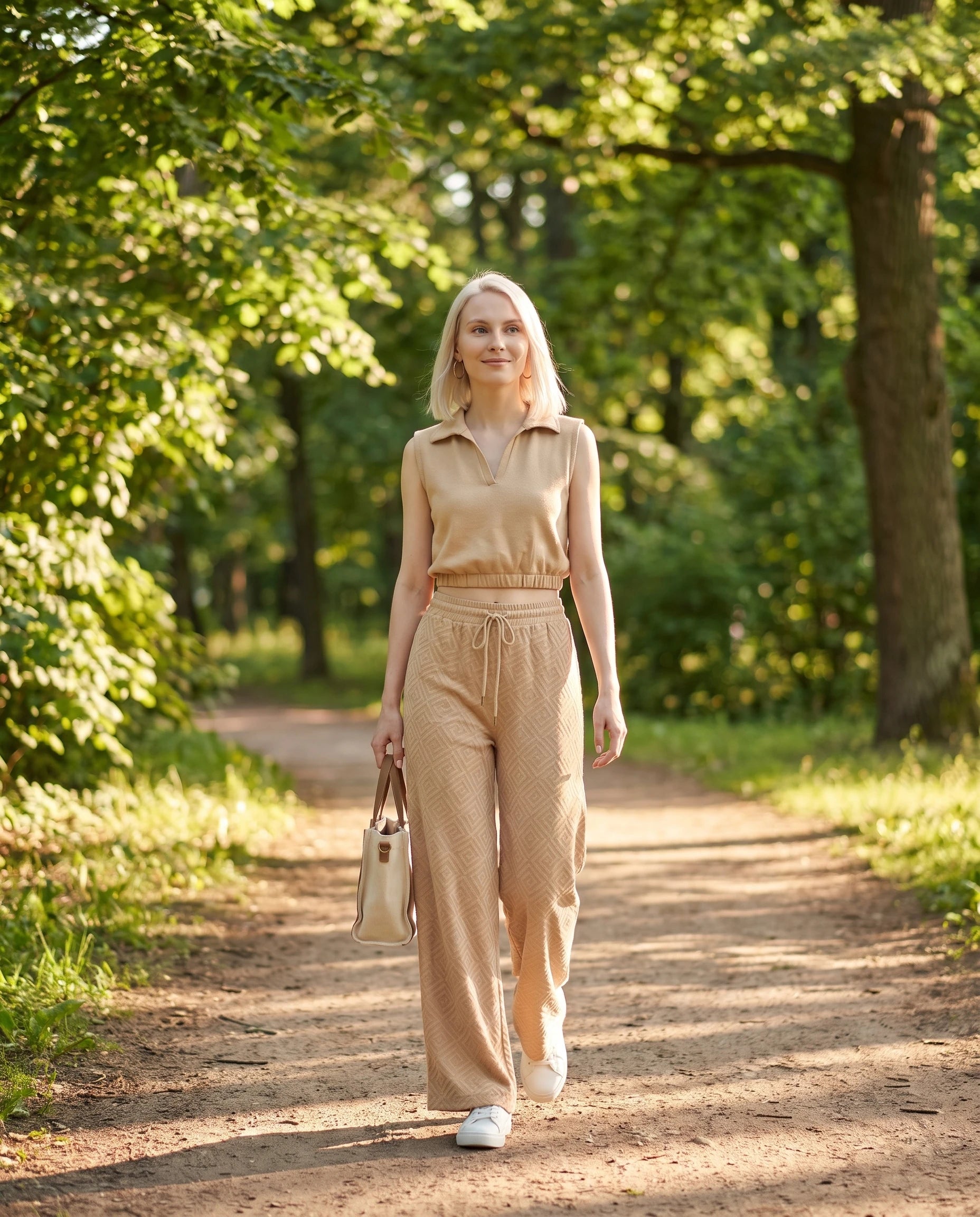 Ensemble top col polo sans manches et pantalon large Gersende — Beige — portée, lifestyle 2