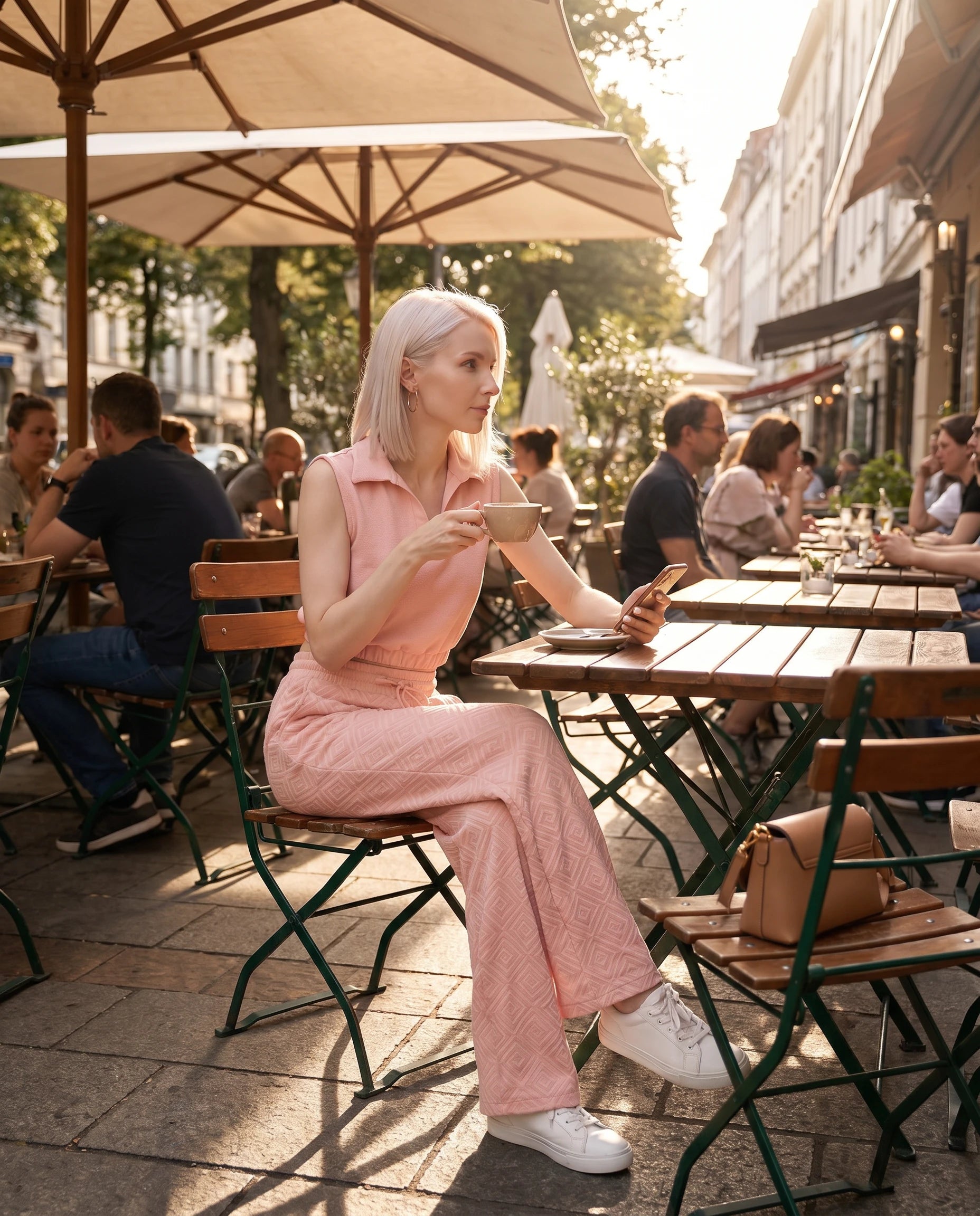 Ensemble top col polo sans manches et pantalon large Gersende — Rose Poudré — portée, lifestyle 2