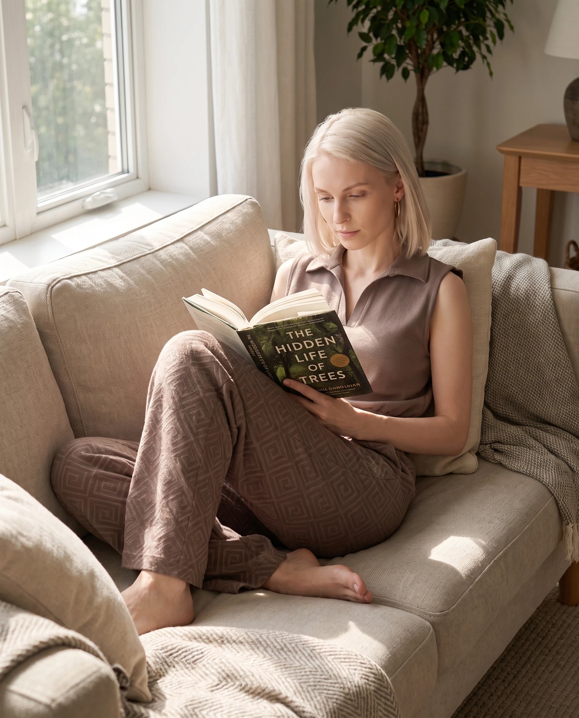 Ensemble top col polo sans manches et pantalon large Gersende — Taupe — portée, lifestyle