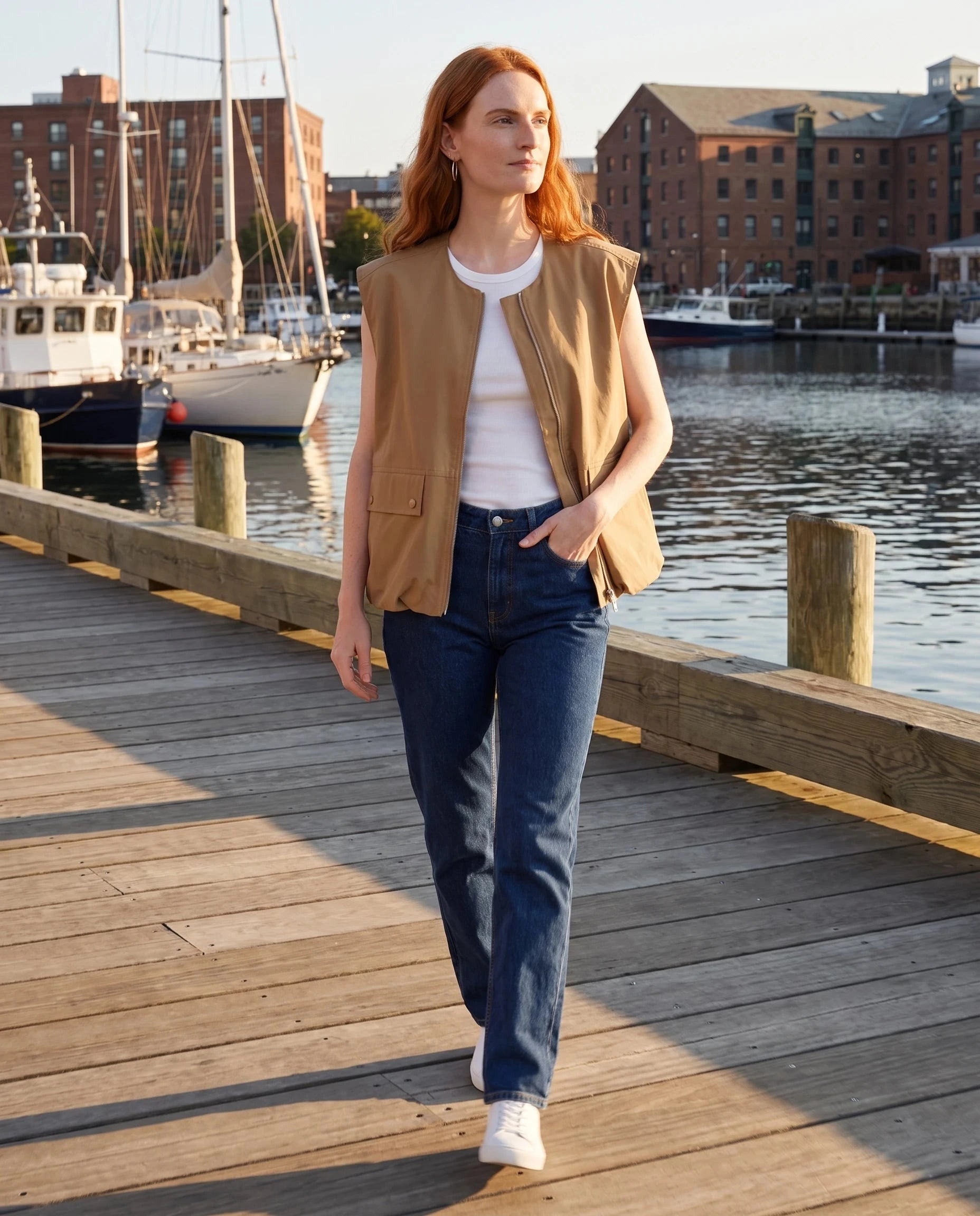 Gilet cargo zippé camel Donatienne, porté sur les quais d'un port au soleil du soir