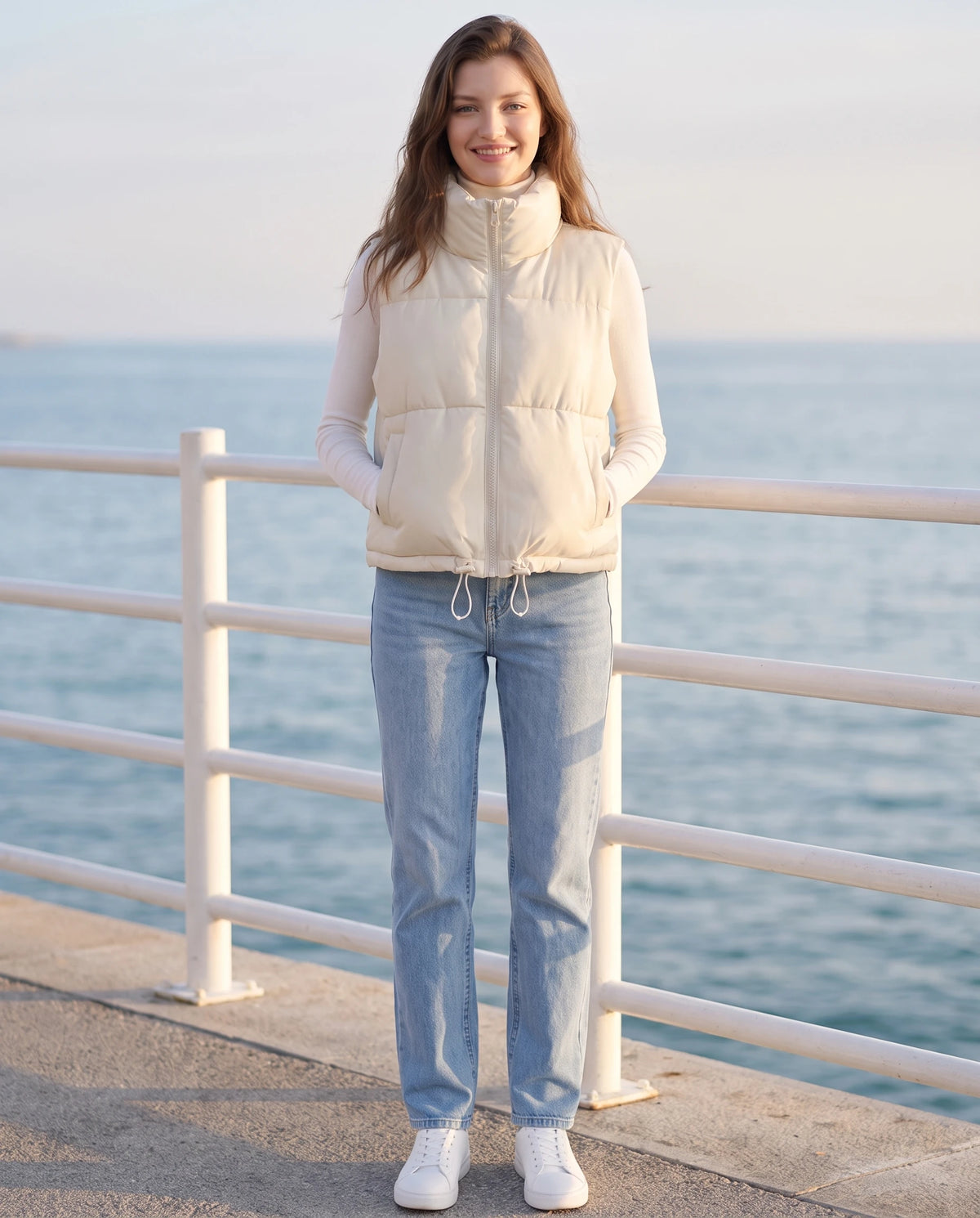 Gilet matelassé cropped à col montant et ourlet à cordon Lydie en Blanc Cassé, portée sur une promenade de bord de mer