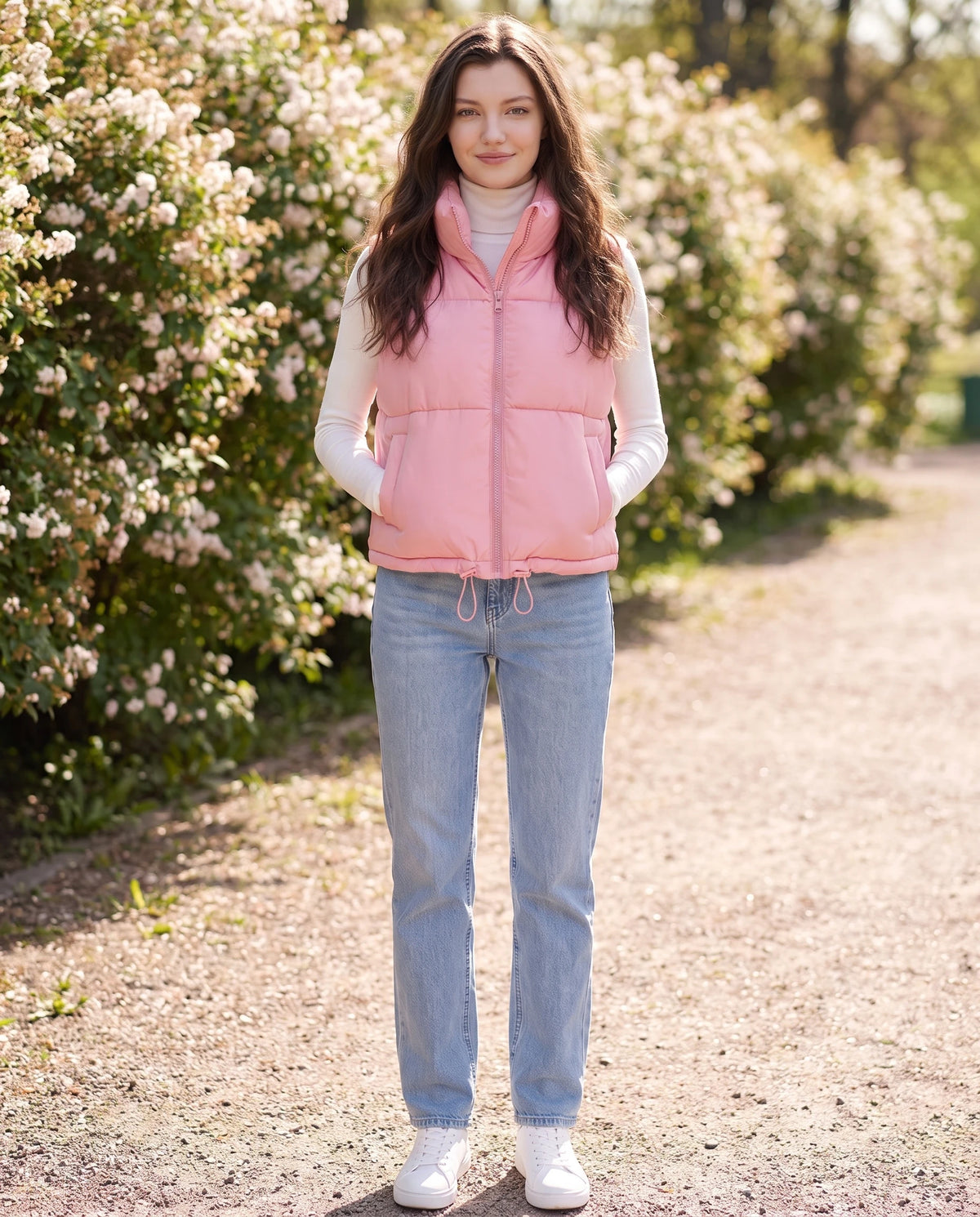 Gilet matelassé cropped à col montant et ourlet à cordon Lydie en Rose, portée dans un parc ensoleillé près d'une haie fleurie