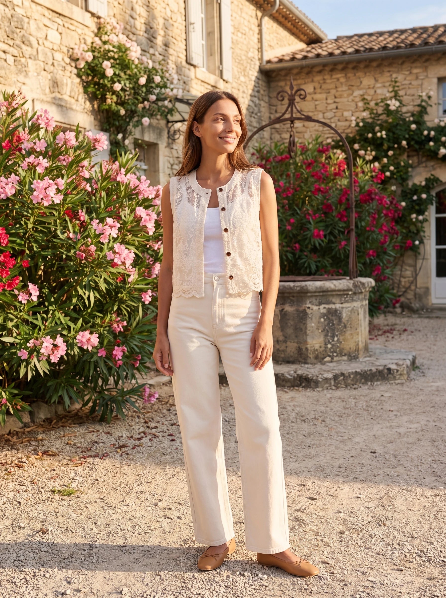 Gilet en dentelle écru Ginette, porté dans la cour d'un mas provençal fleuri