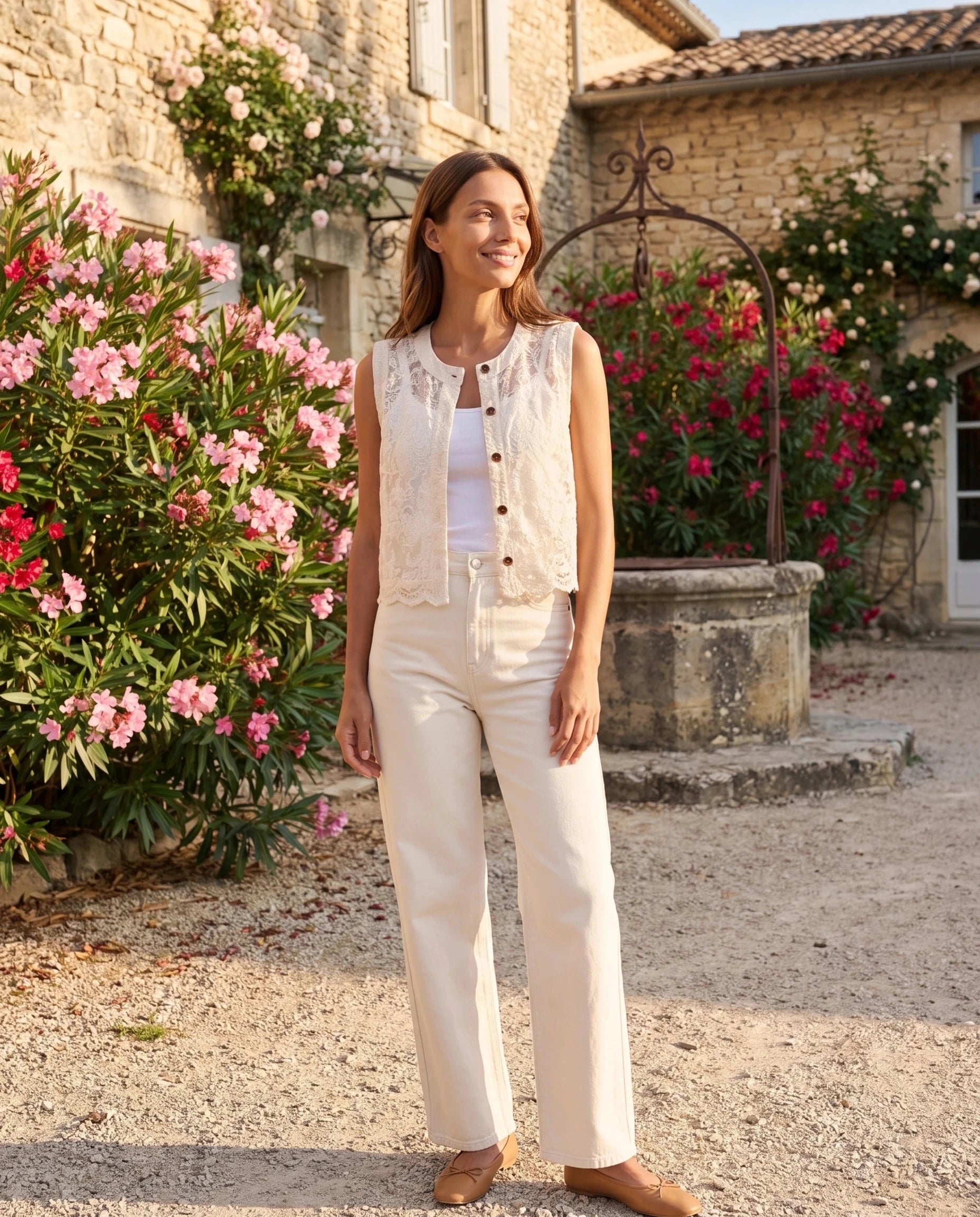 Gilet en dentelle écru Ginette, porté dans la cour d'un mas provençal fleuri