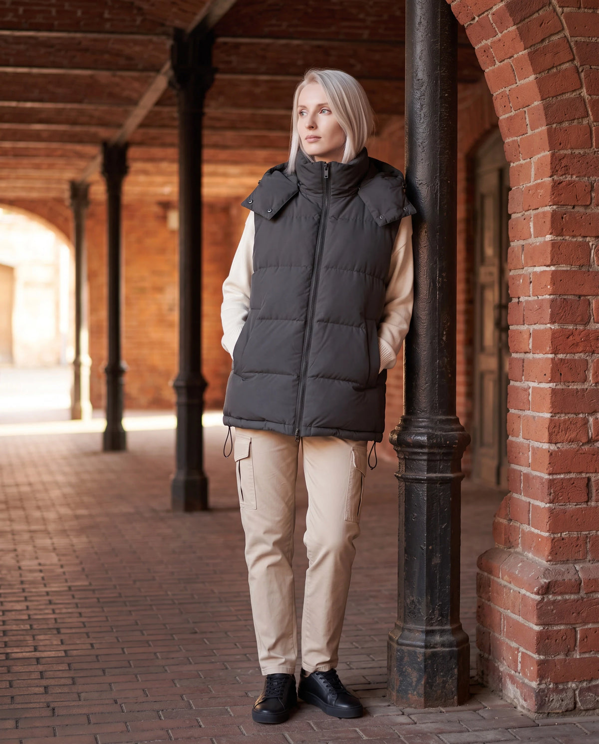 Gilet matelassé oversize à capuche amovible Patricia en Gris Anthracite, porté sous un passage couvert en briques