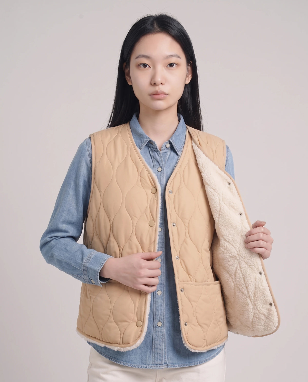 Gilet matelassé doublé sherpa à col V Amaline — Beige Sable, porté ouvert sur une chemise en jean, doublure sherpa visible