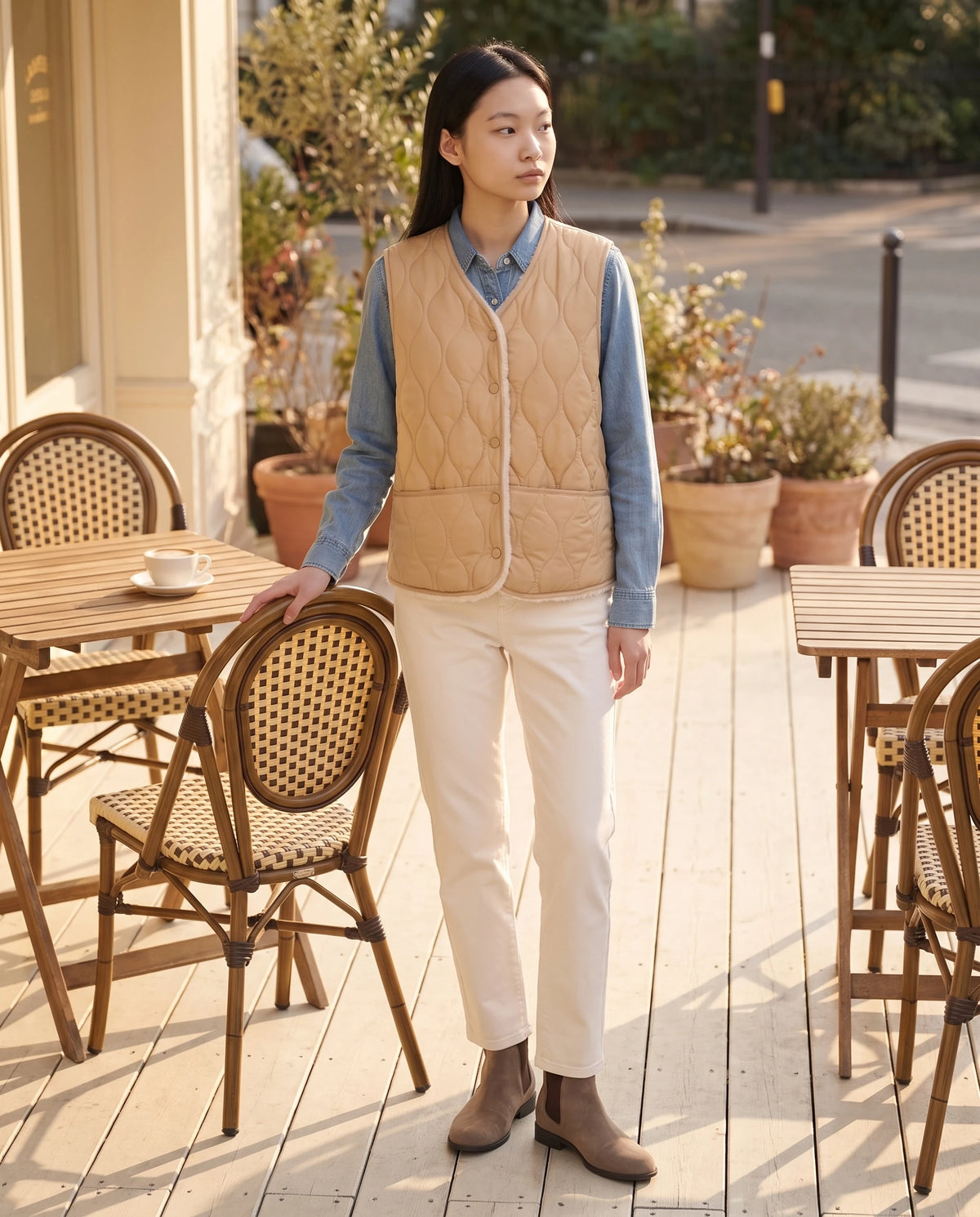 Gilet matelassé doublé sherpa à col V Amaline — Beige Sable, porté sur une terrasse en bois