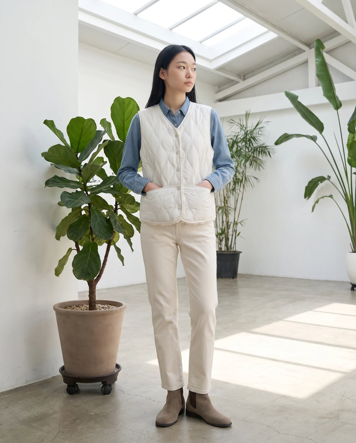 Gilet matelassé doublé sherpa à col V Amaline — Blanc, porté dans un atelier lumineux