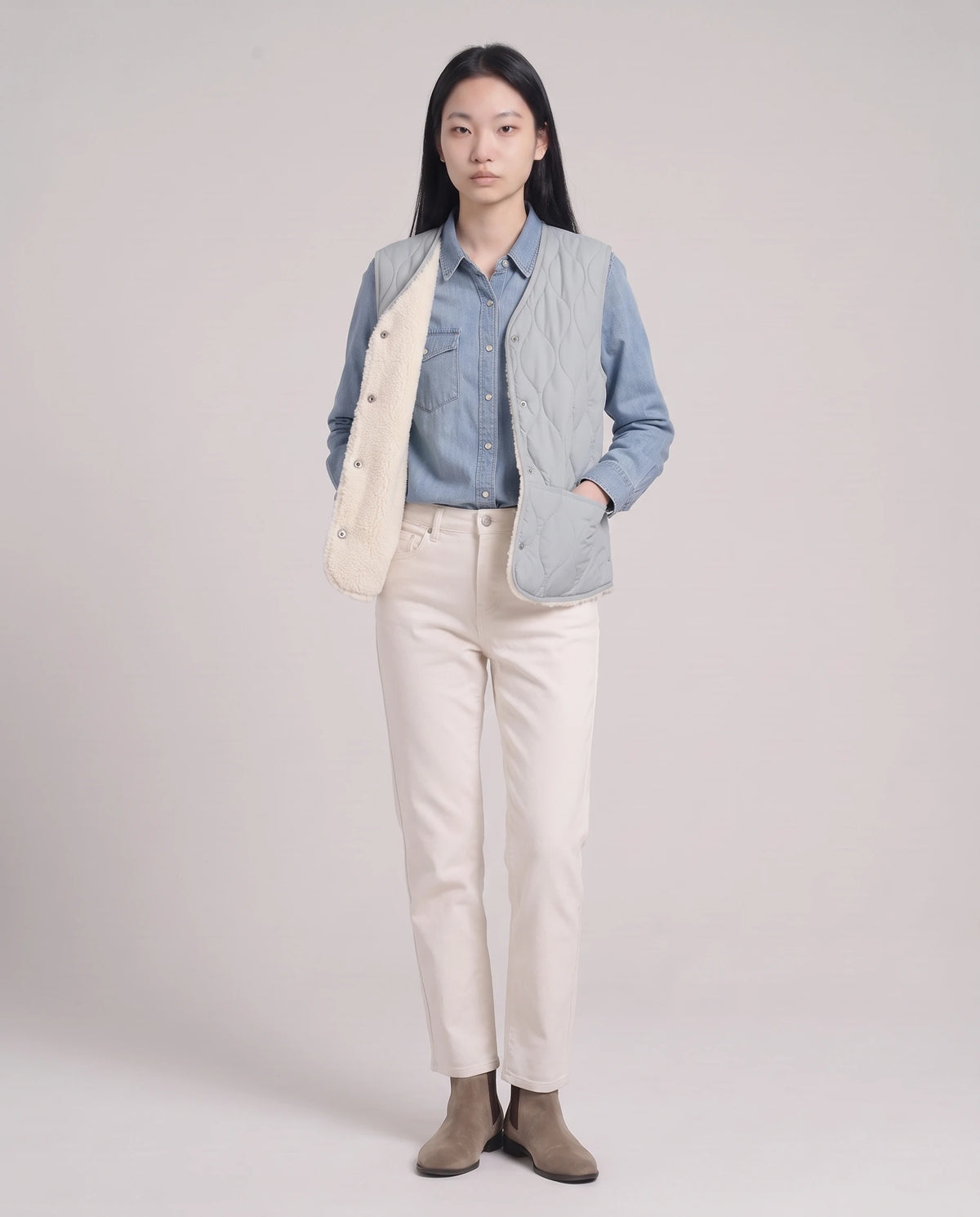 Gilet matelassé doublé sherpa à col V Amaline — Bleu Givré, porté ouvert sur une chemise en jean, doublure sherpa visible