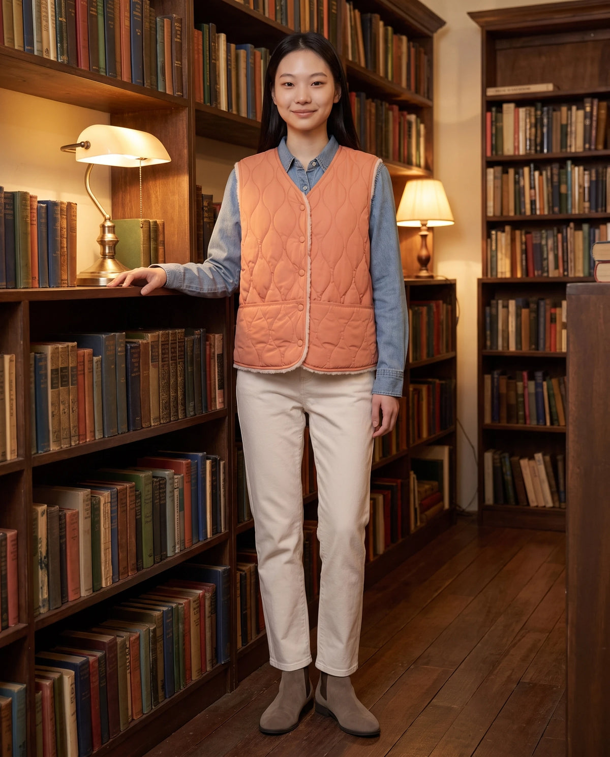 Gilet matelassé doublé sherpa à col V Amaline — Corail, porté dans une librairie