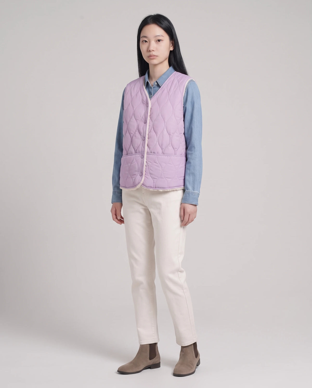 Gilet matelassé doublé sherpa à col V Amaline — Lilas, vue de face en pied