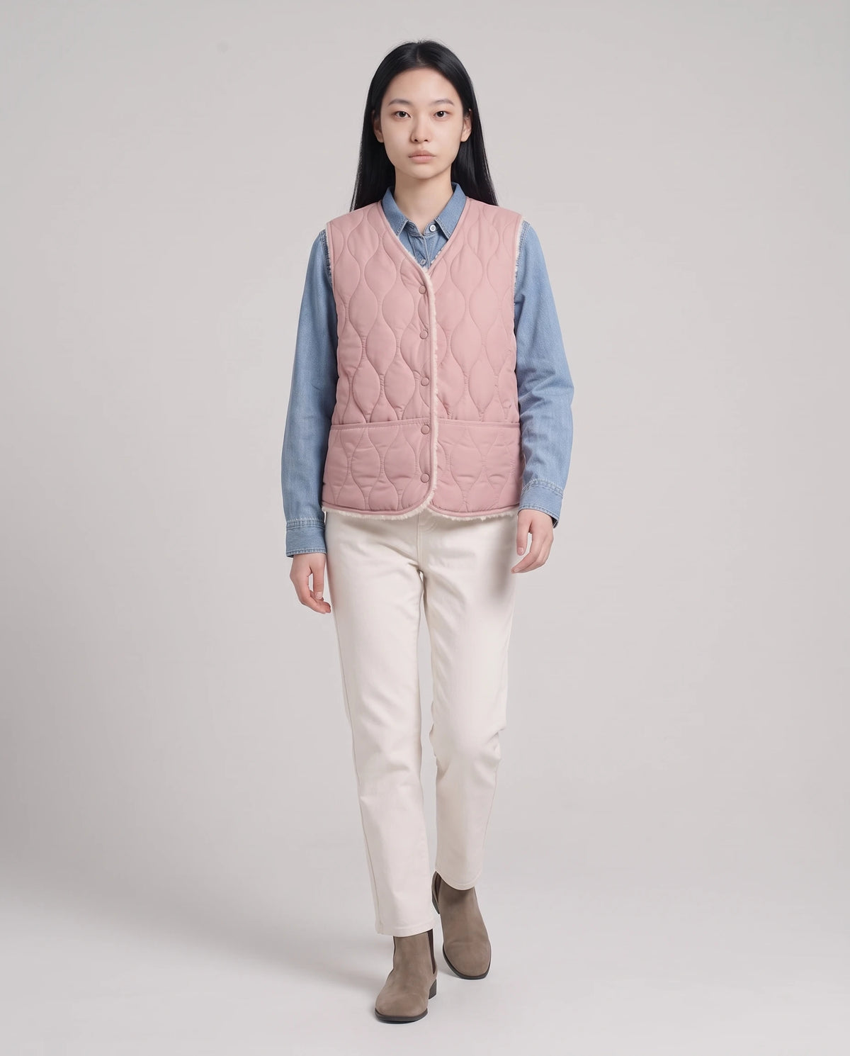 Gilet matelassé doublé sherpa à col V Amaline — Rose Poudré, vue de face en pied