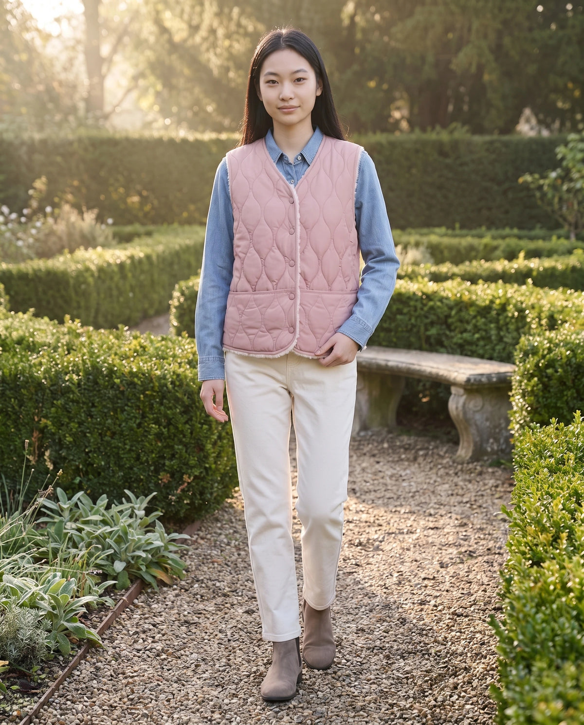 Gilet matelassé doublé sherpa à col V Amaline — Rose Poudré, porté dans un jardin de ville