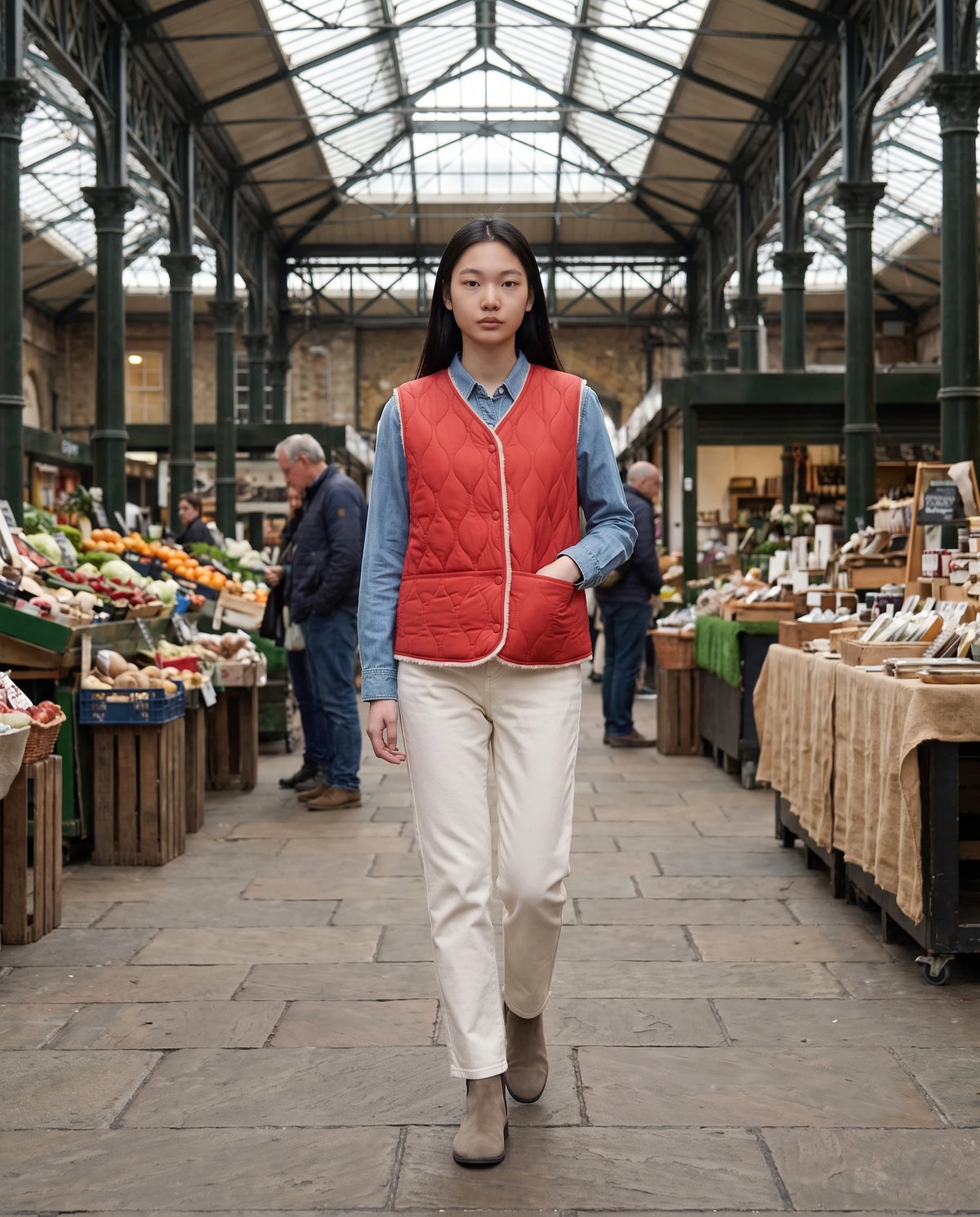 Gilet matelassé doublé sherpa à col V Amaline — Rouge, porté sous une halle de marché