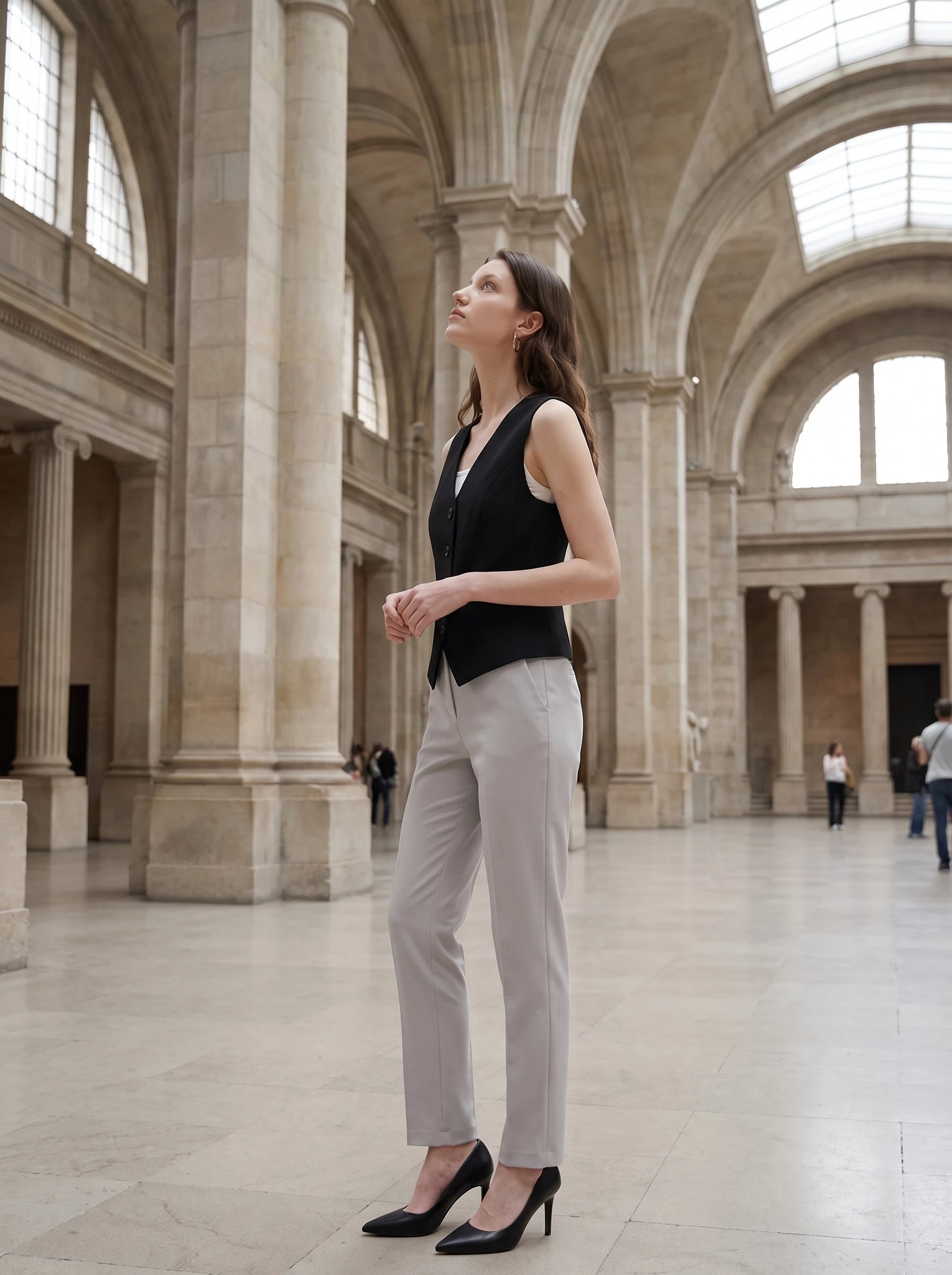Gilet de tailleur noir Marthe, porté dans une galerie de musée lumineuse
