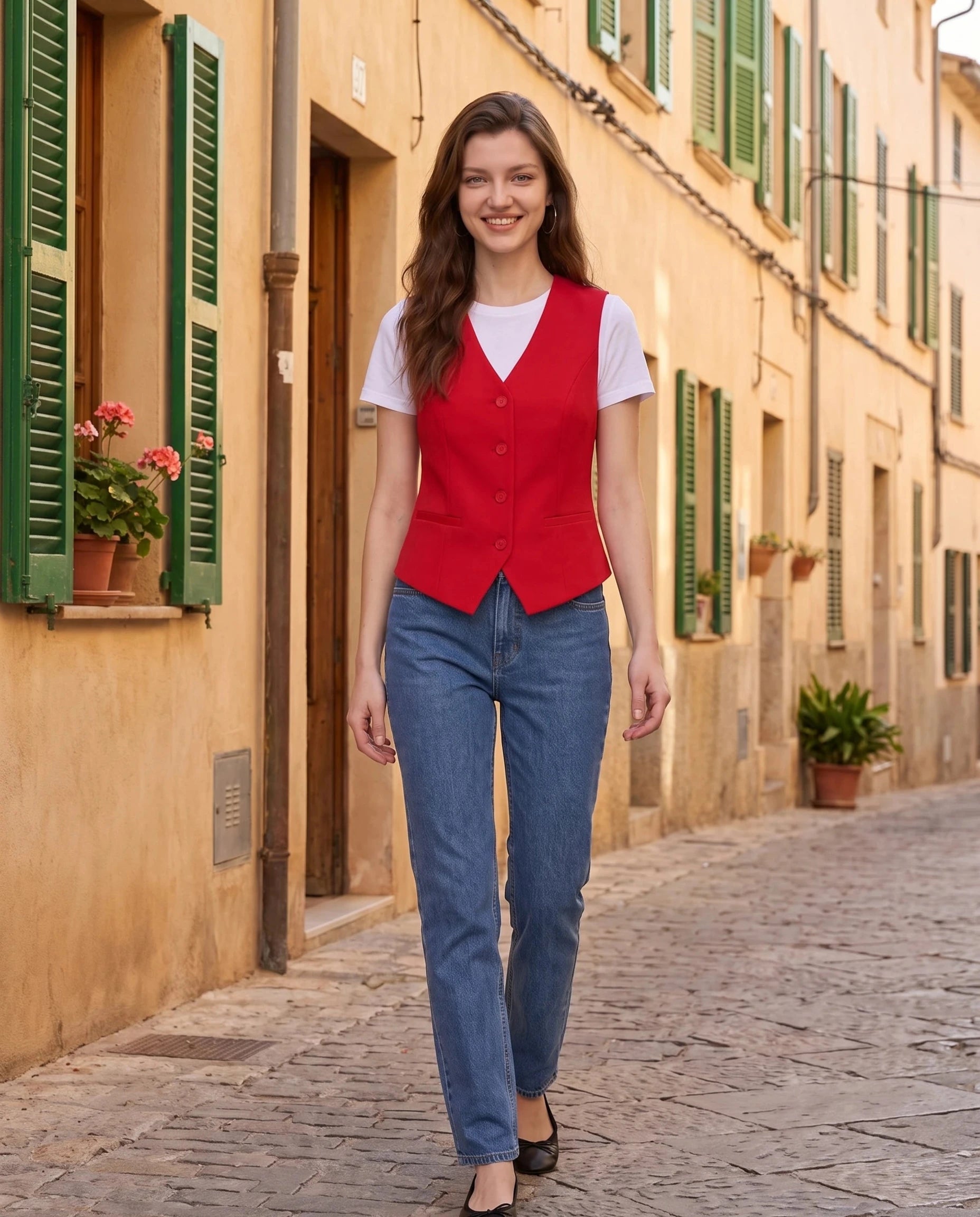 Gilet de tailleur rouge Marthe, porté dans une ruelle aux façades ocre
