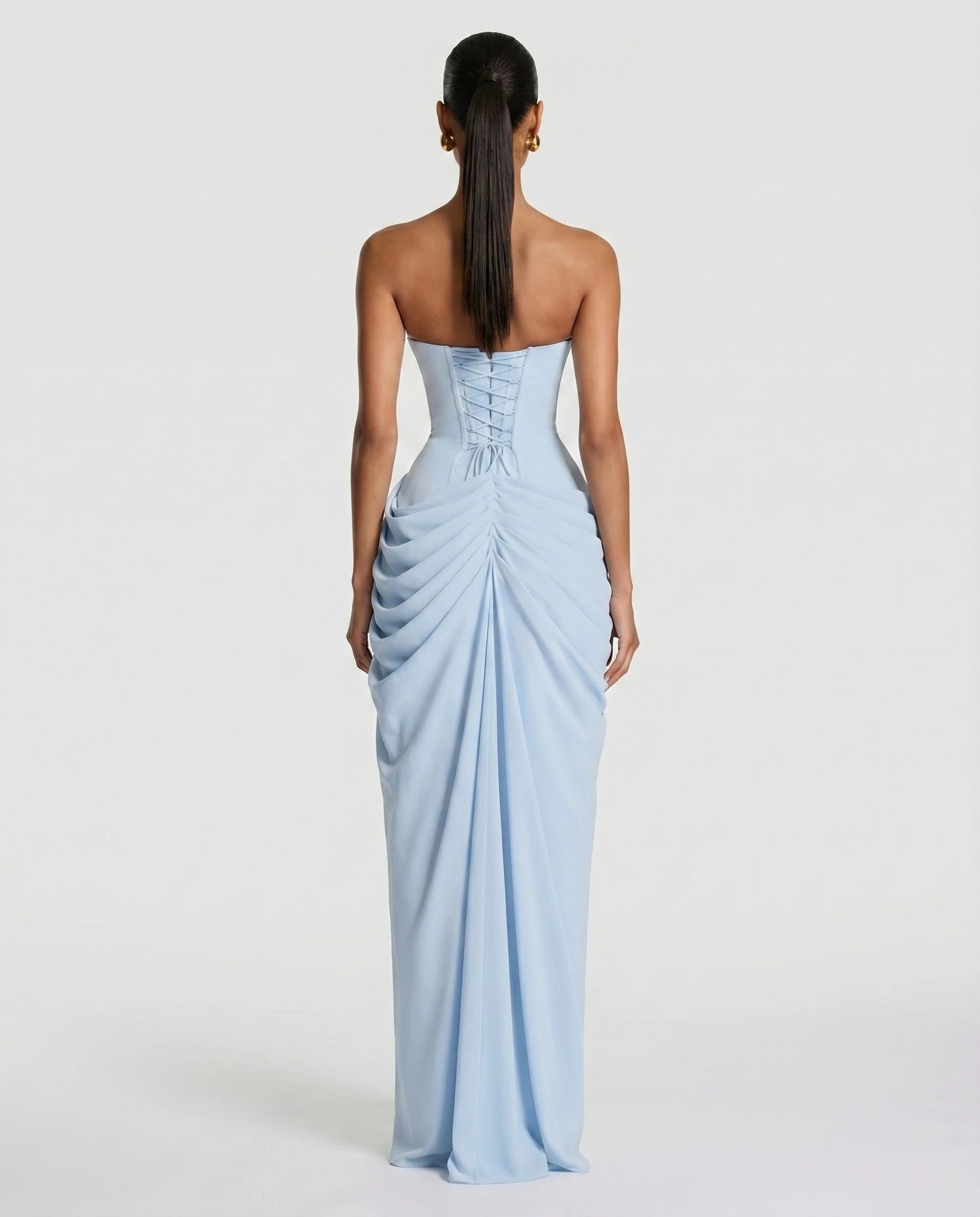 Robe longue bustier bleu glacier, vue dos corset lace