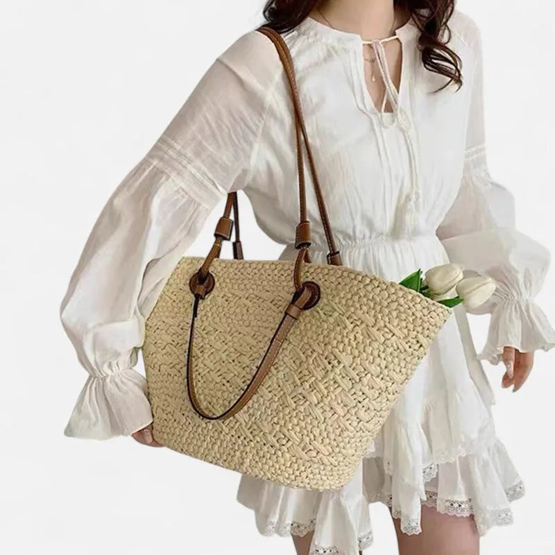 Grand sac à main cabas panier en paille double porté Louna