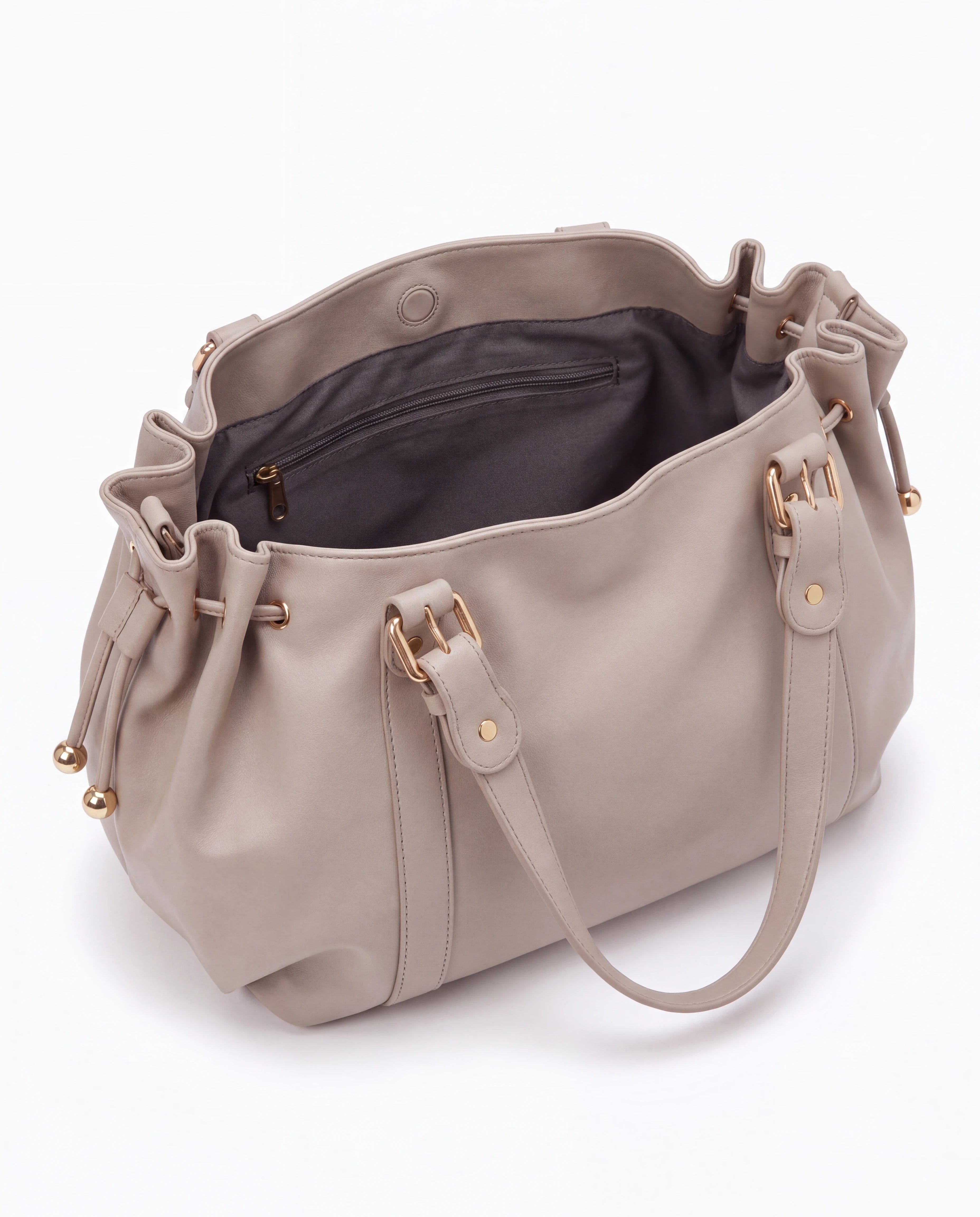 Grand sac à main de cours bowling souple Enora coloris Beige — intérieur vide, doublure et poche zippée