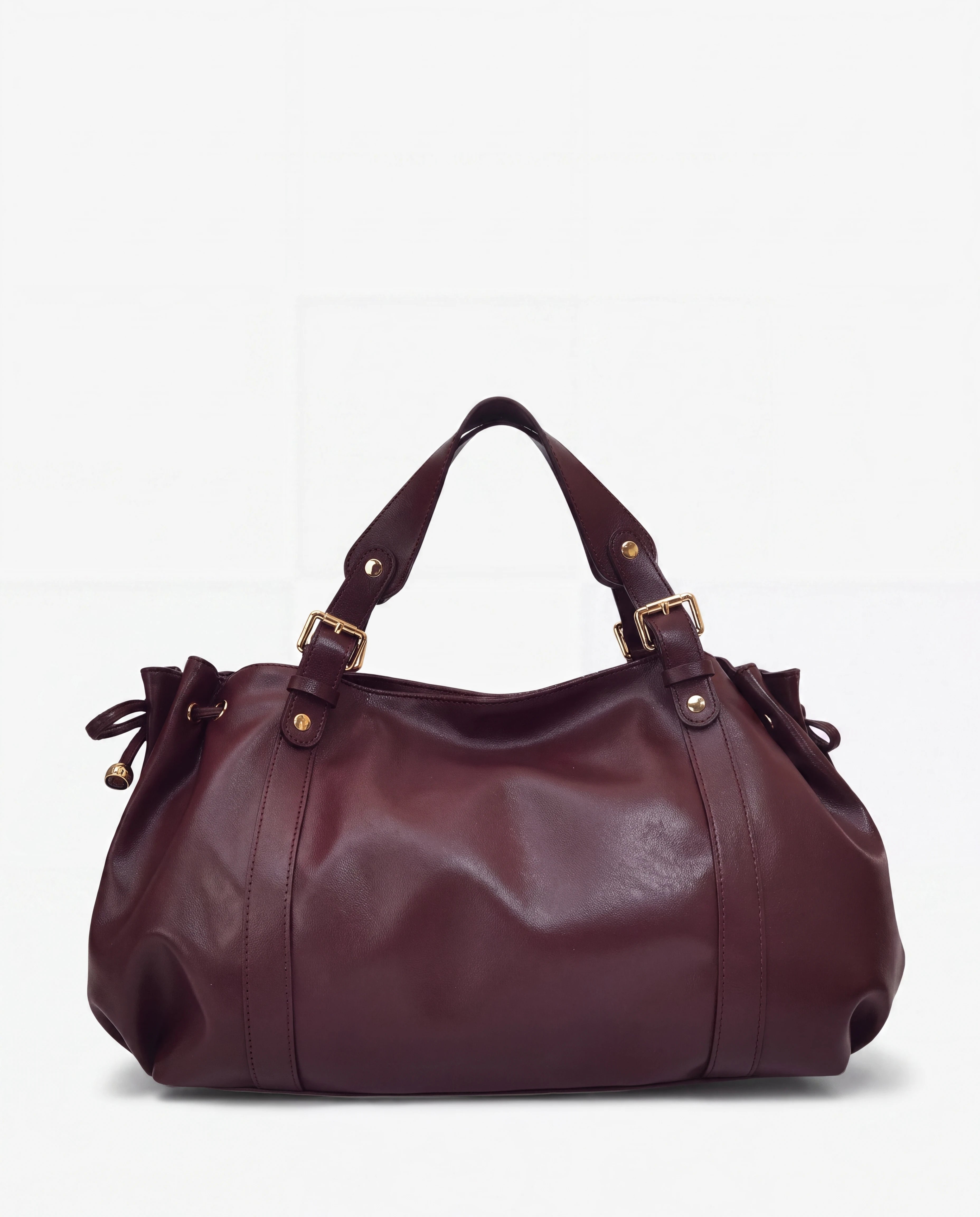 Grand sac à main de cours bowling souple Enora coloris Bordeaux — vue de face sur fond studio