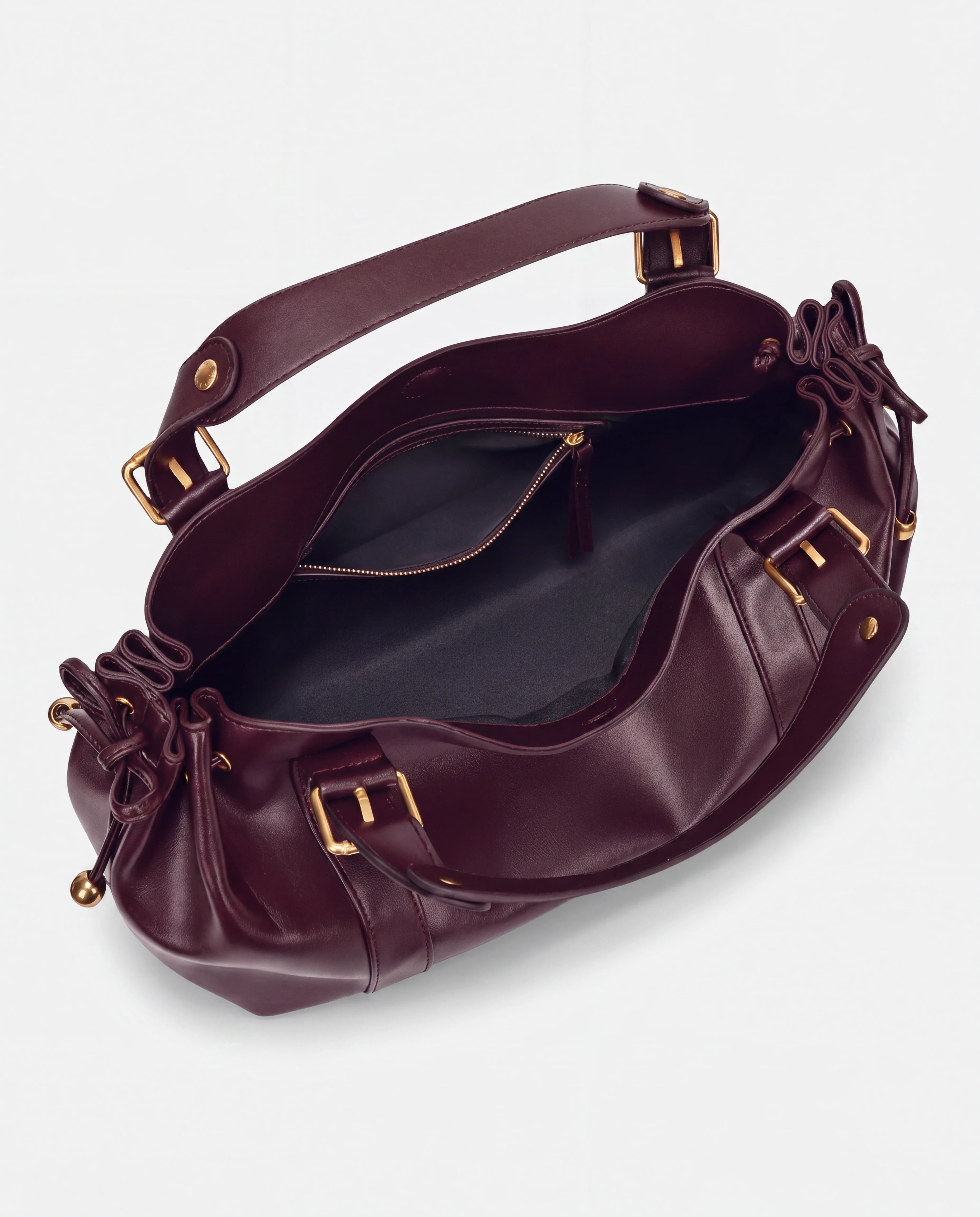 Grand sac à main de cours bowling souple Enora coloris Bordeaux — intérieur vide, doublure et poche zippée