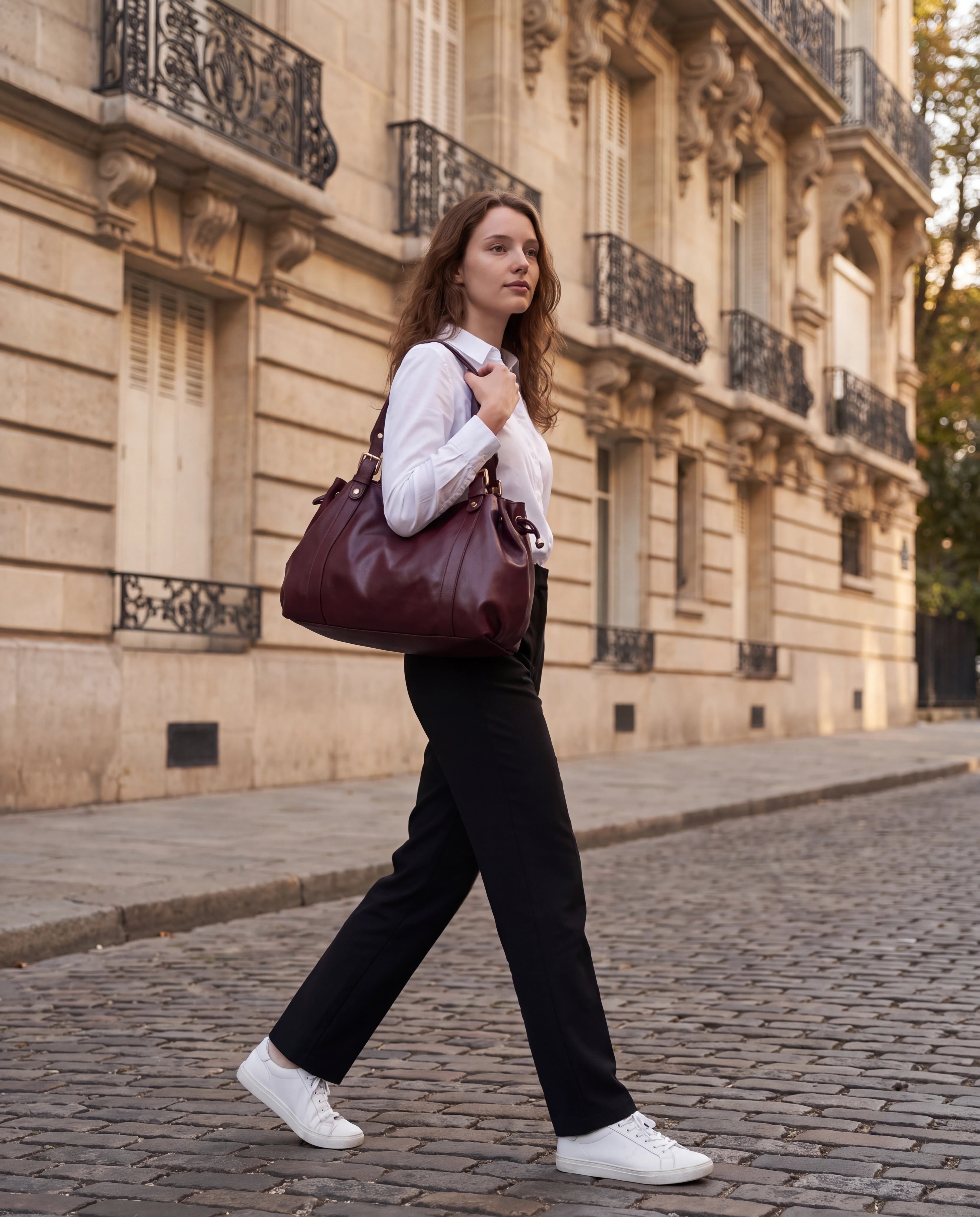 Grand sac à main de cours bowling souple Enora coloris Bordeaux — porté dans une rue pavée parisienne