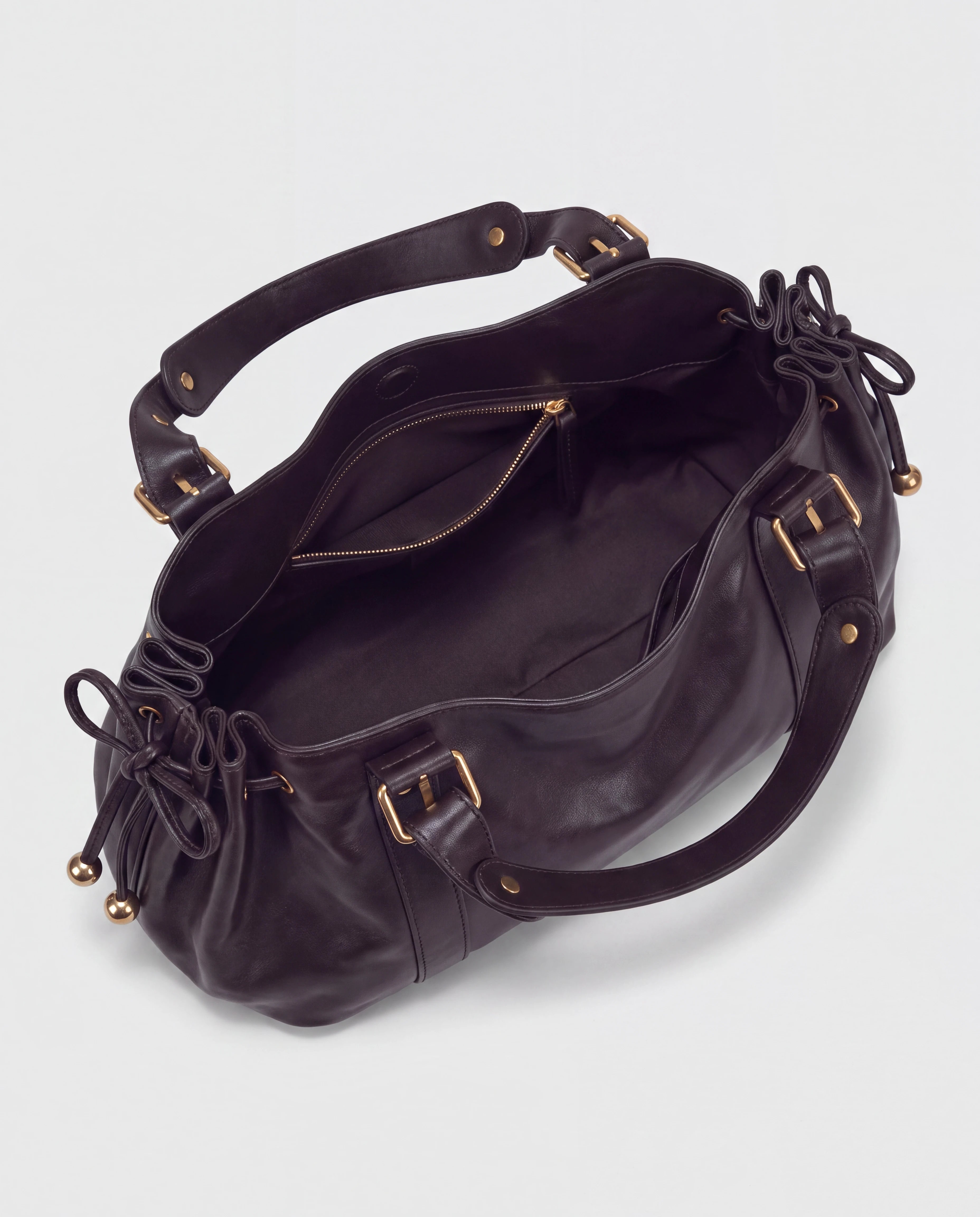 Grand sac à main de cours bowling souple Enora coloris Café — intérieur vide, doublure et poche zippée
