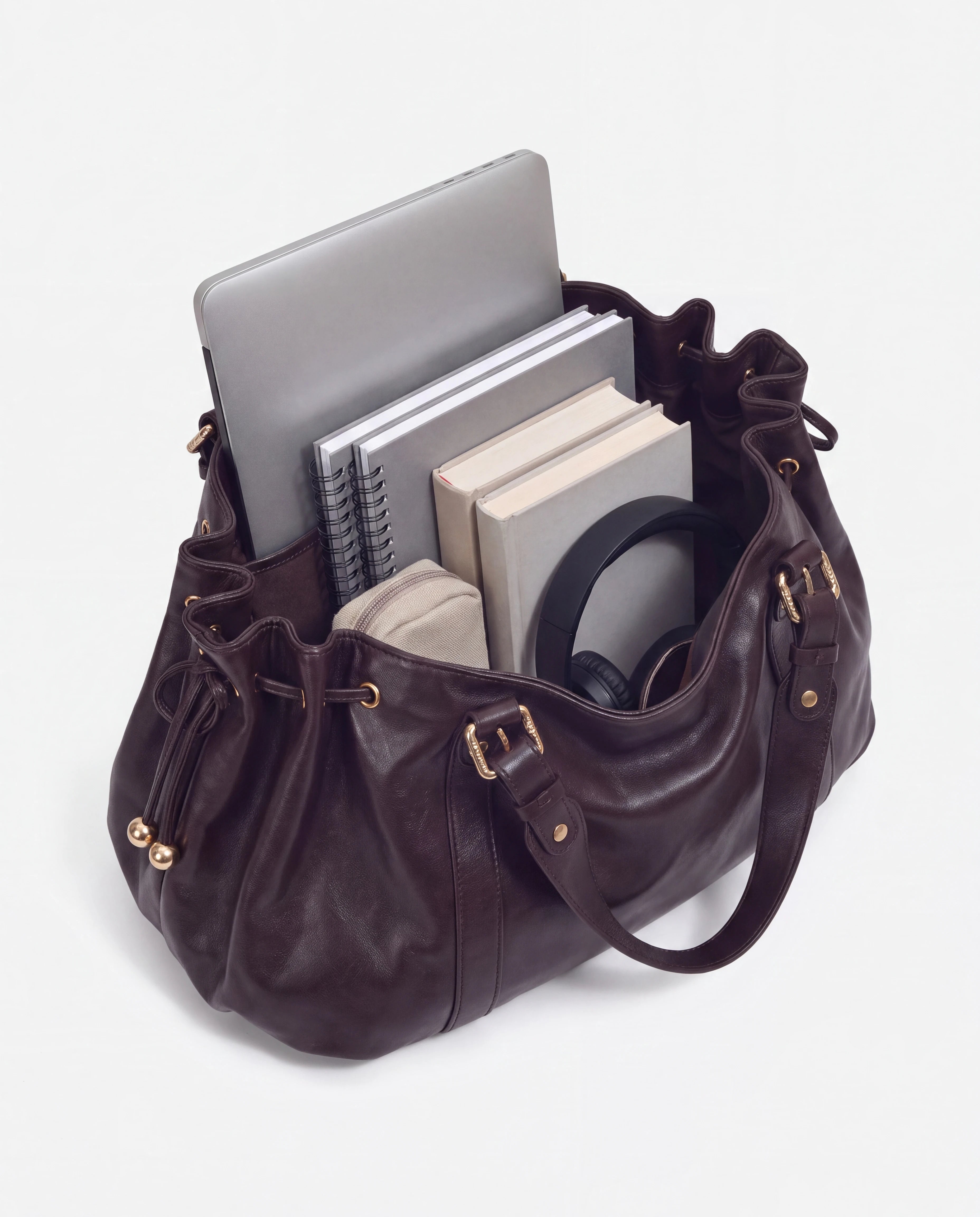 Grand sac à main de cours bowling souple Enora coloris Café — intérieur avec ordinateur portable, cahiers et livres
