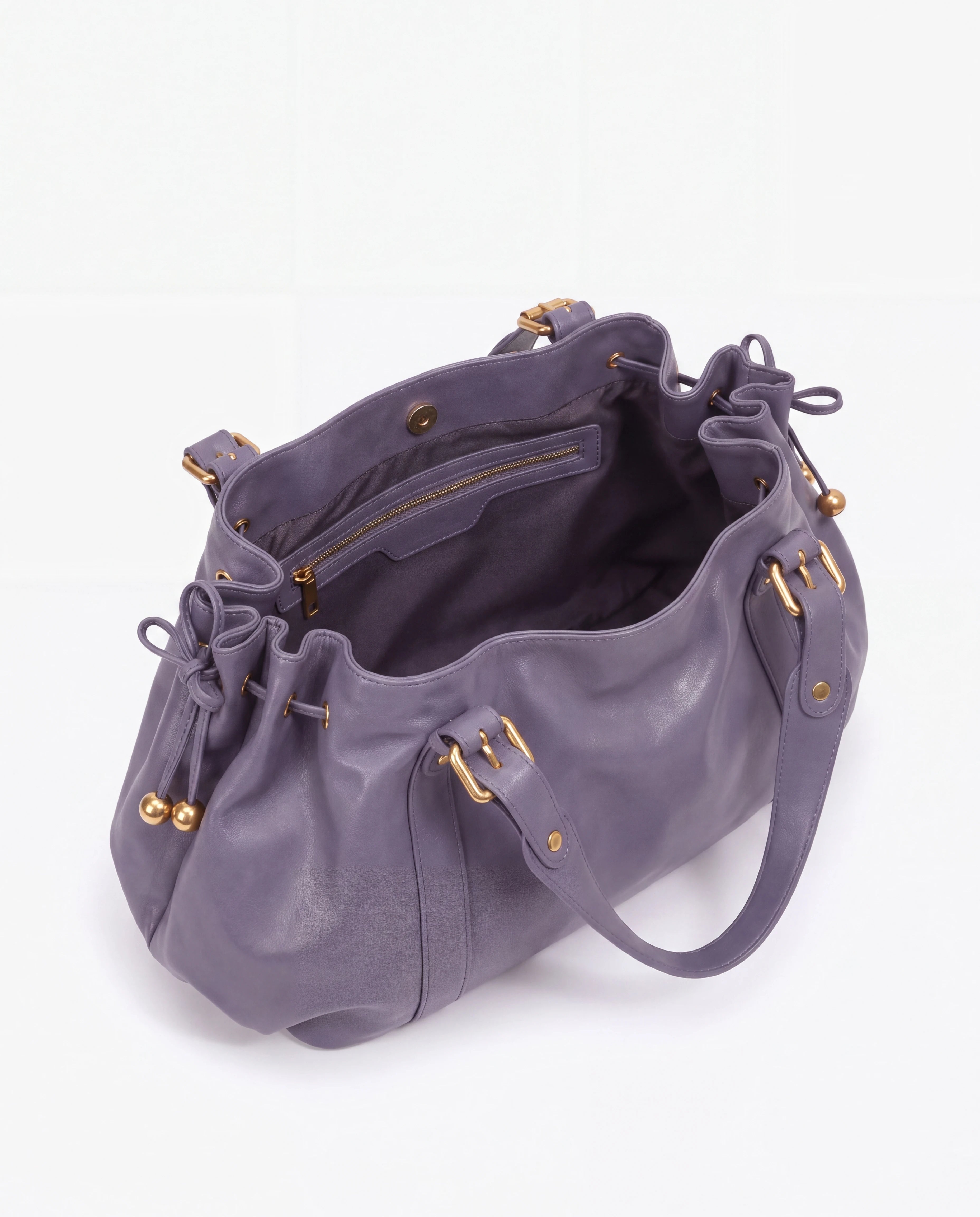 Grand sac à main de cours bowling souple Enora coloris Gris Lilas — intérieur vide, doublure et poche zippée