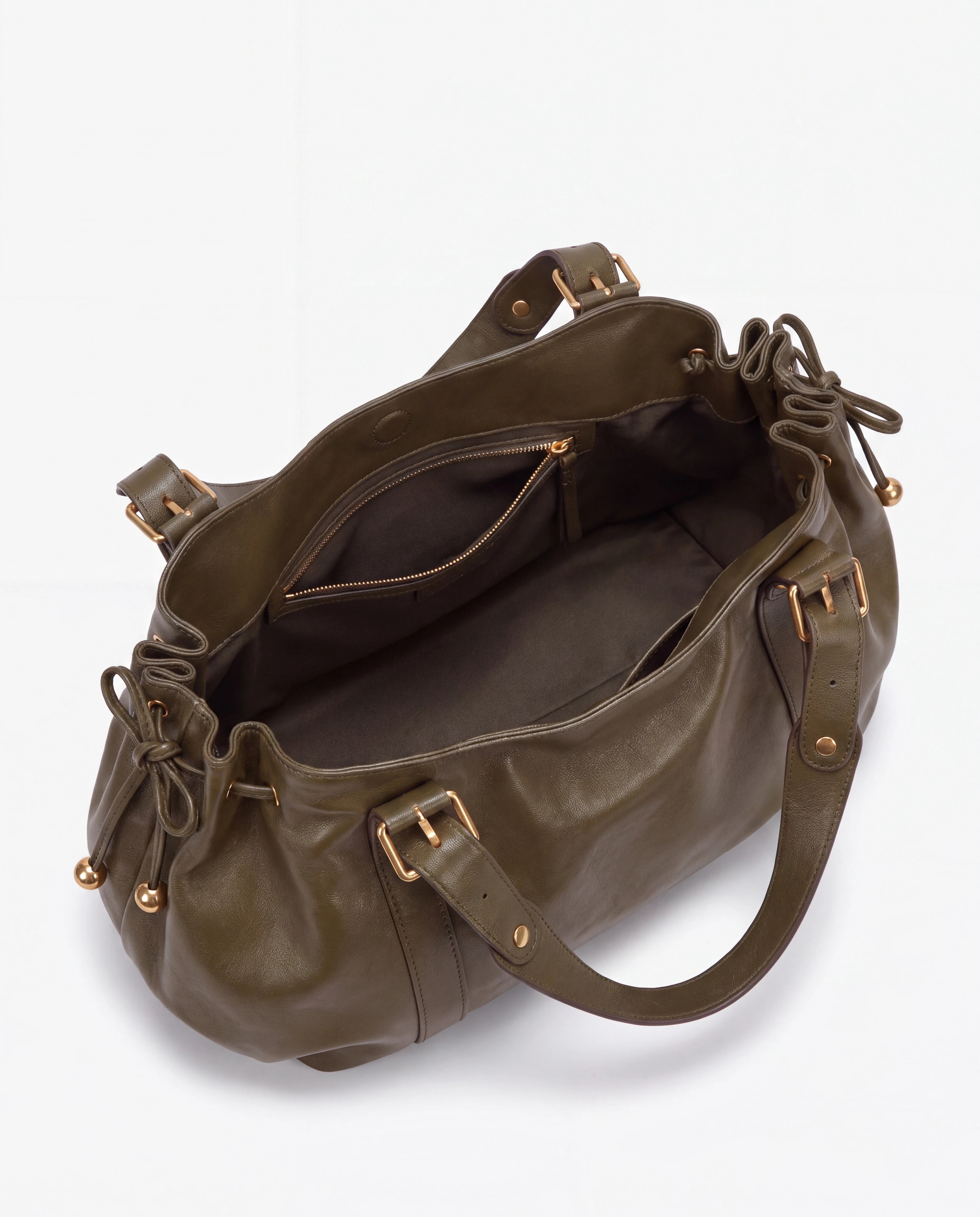 Grand sac à main de cours bowling souple Enora coloris Kaki — intérieur vide, doublure et poche zippée