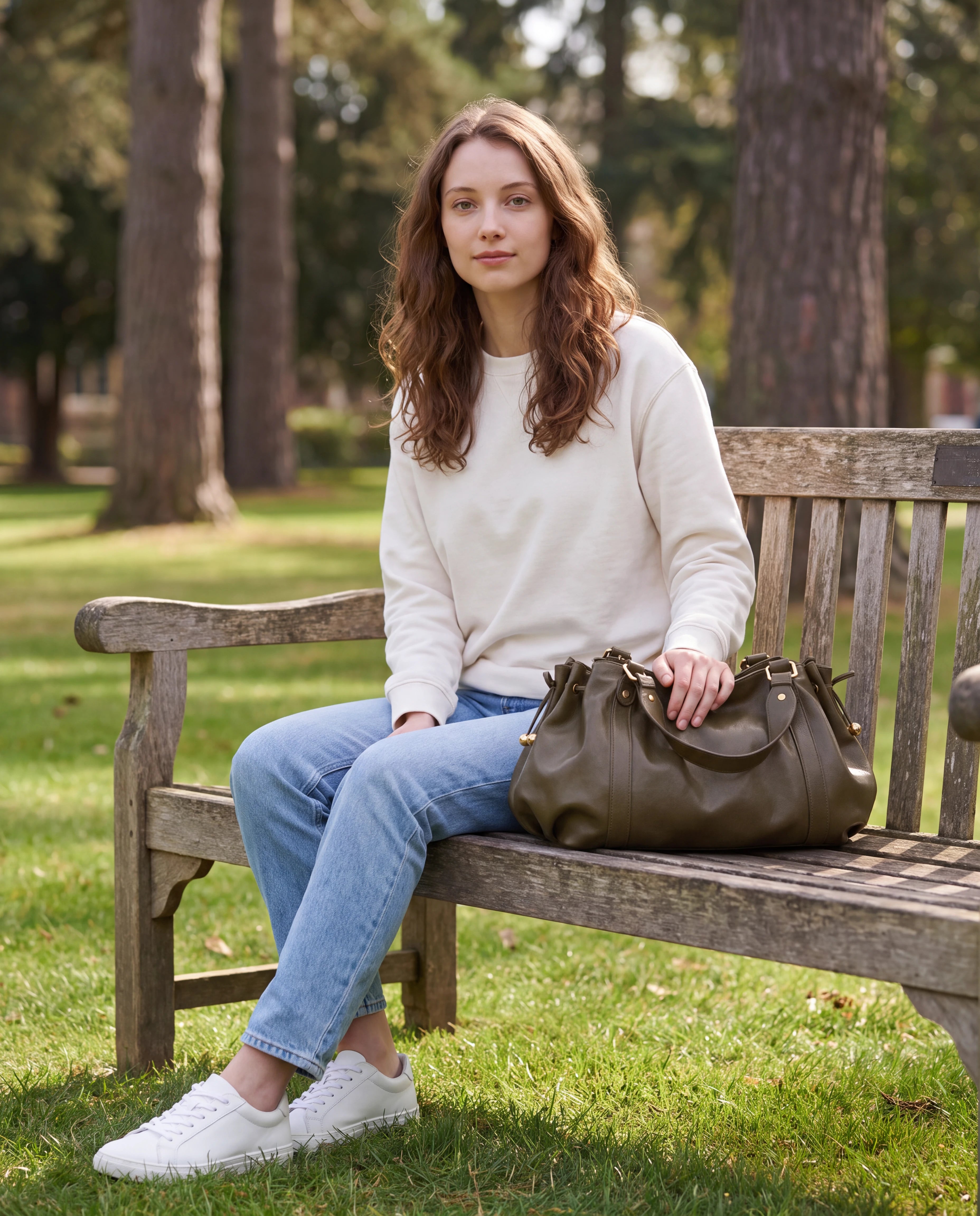 Grand sac à main de cours bowling souple Enora coloris Kaki — posé sur un banc de campus
