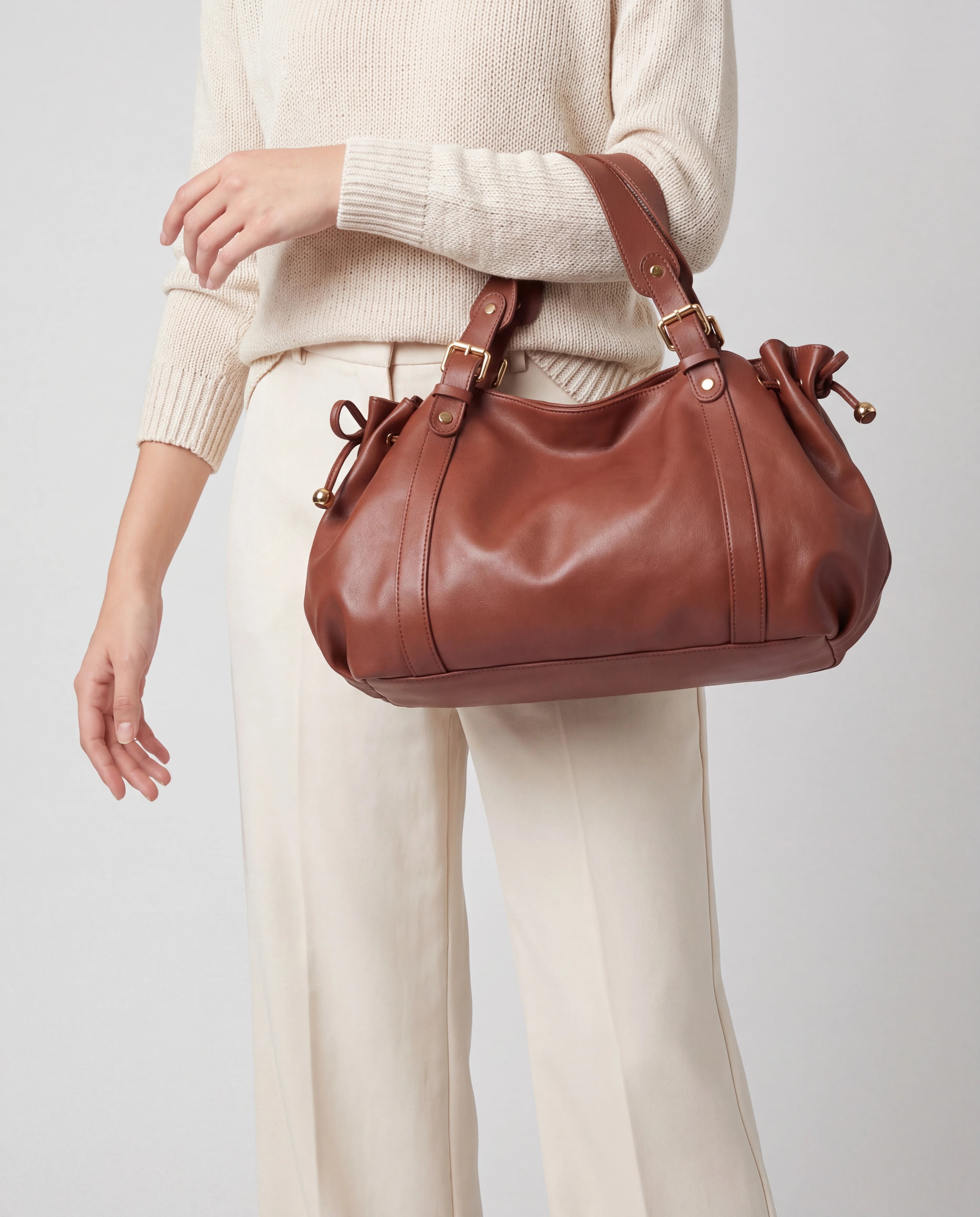 Grand sac à main de cours bowling souple Enora coloris Marron — porté au creux du bras