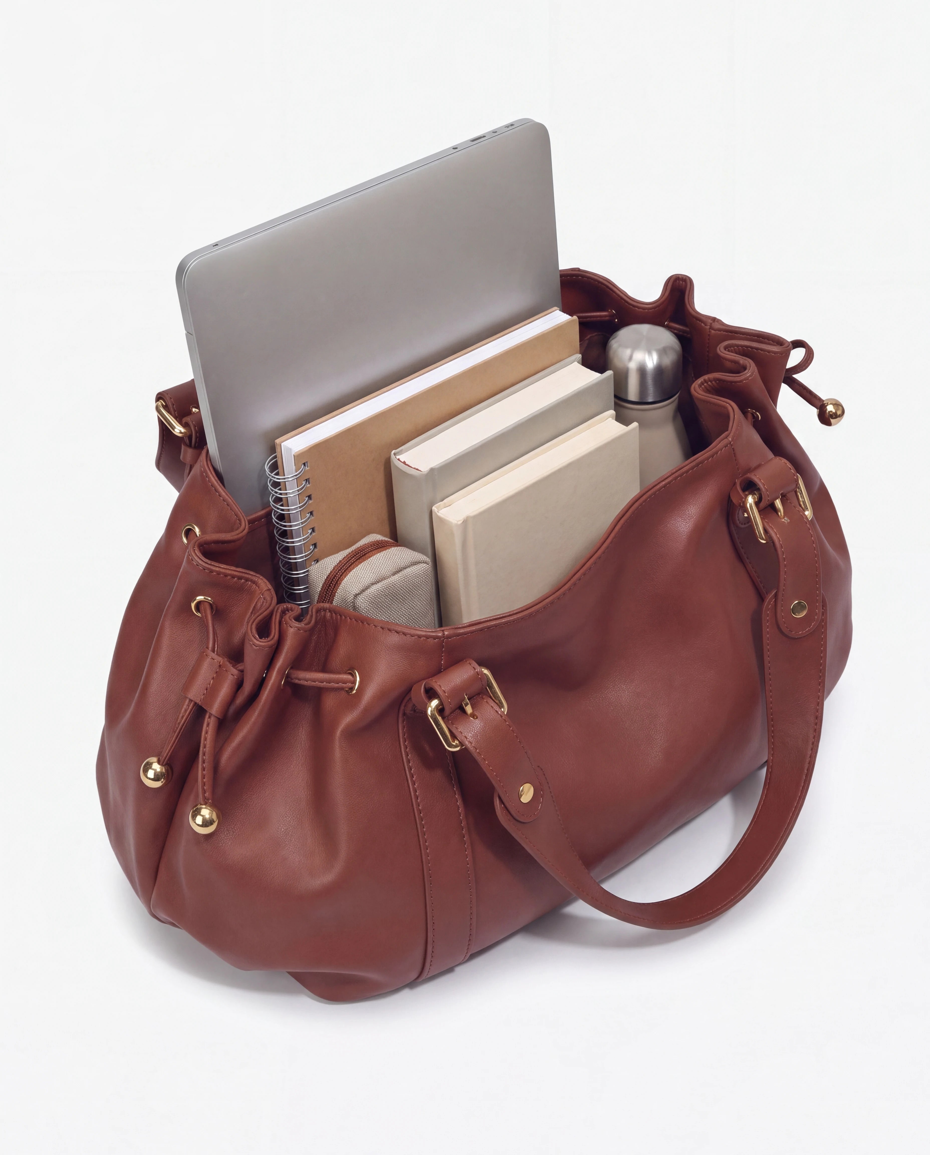 Grand sac à main de cours bowling souple Enora coloris Marron — intérieur avec ordinateur portable, cahiers et livres